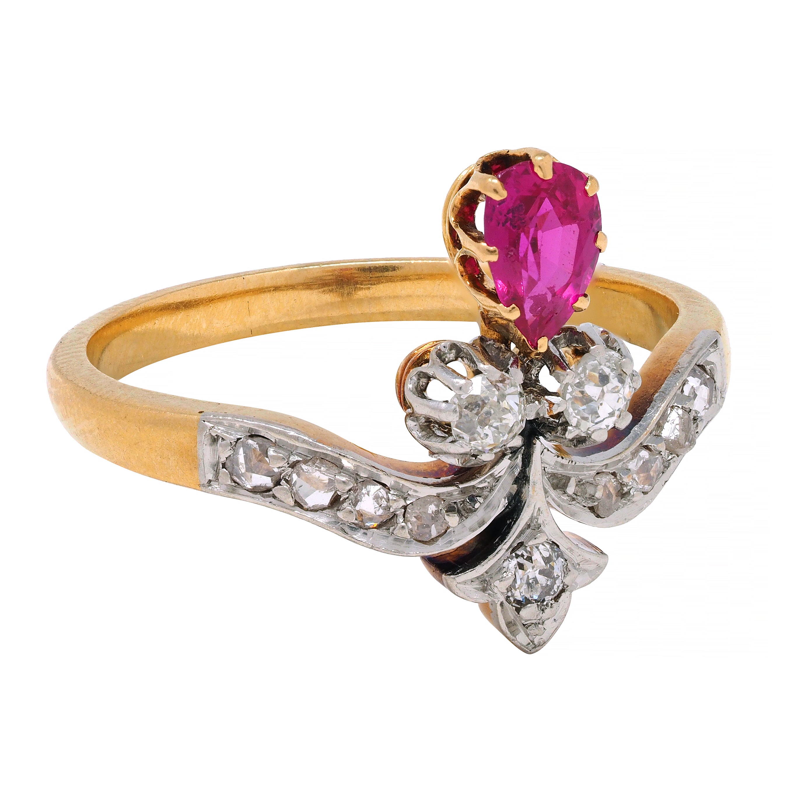 French Victorian 0.65 Ruby Diamond Platinum 18 Karat Gold Fleur-De-Lis Ring