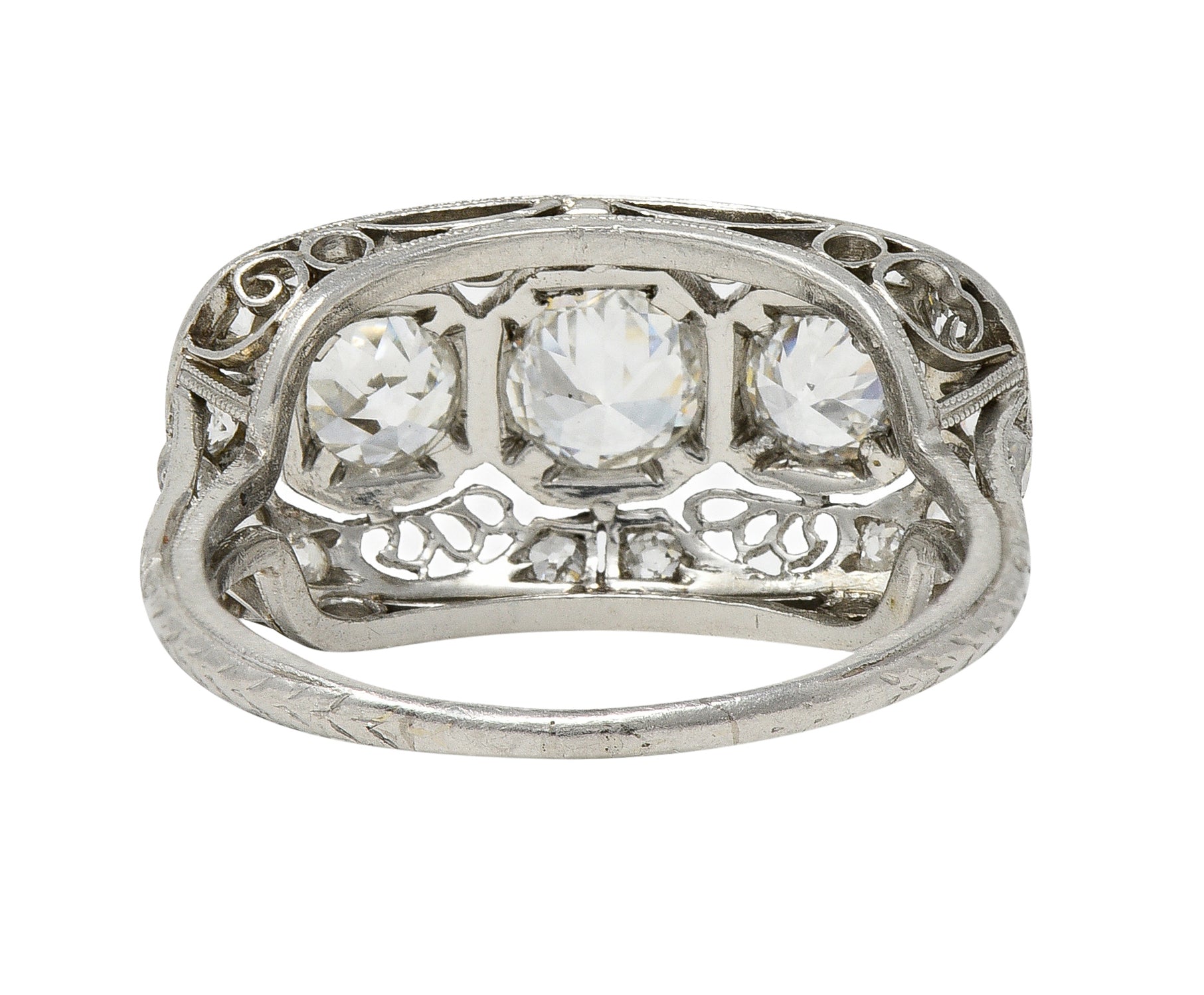 Art Deco 1.32 CTW Diamond Platinum Filigree Vintage Three Stone Ring