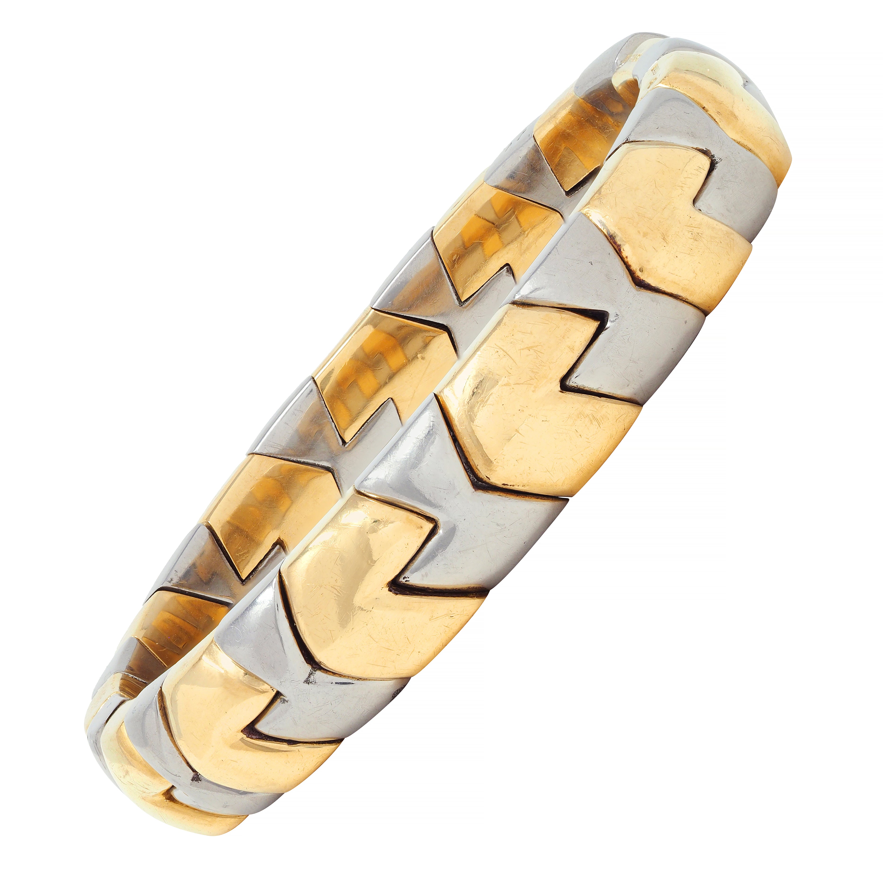 Bulgari 1980's 18 Karat Gold Stainless Steel Spiga Vintage Cuff Bracelet