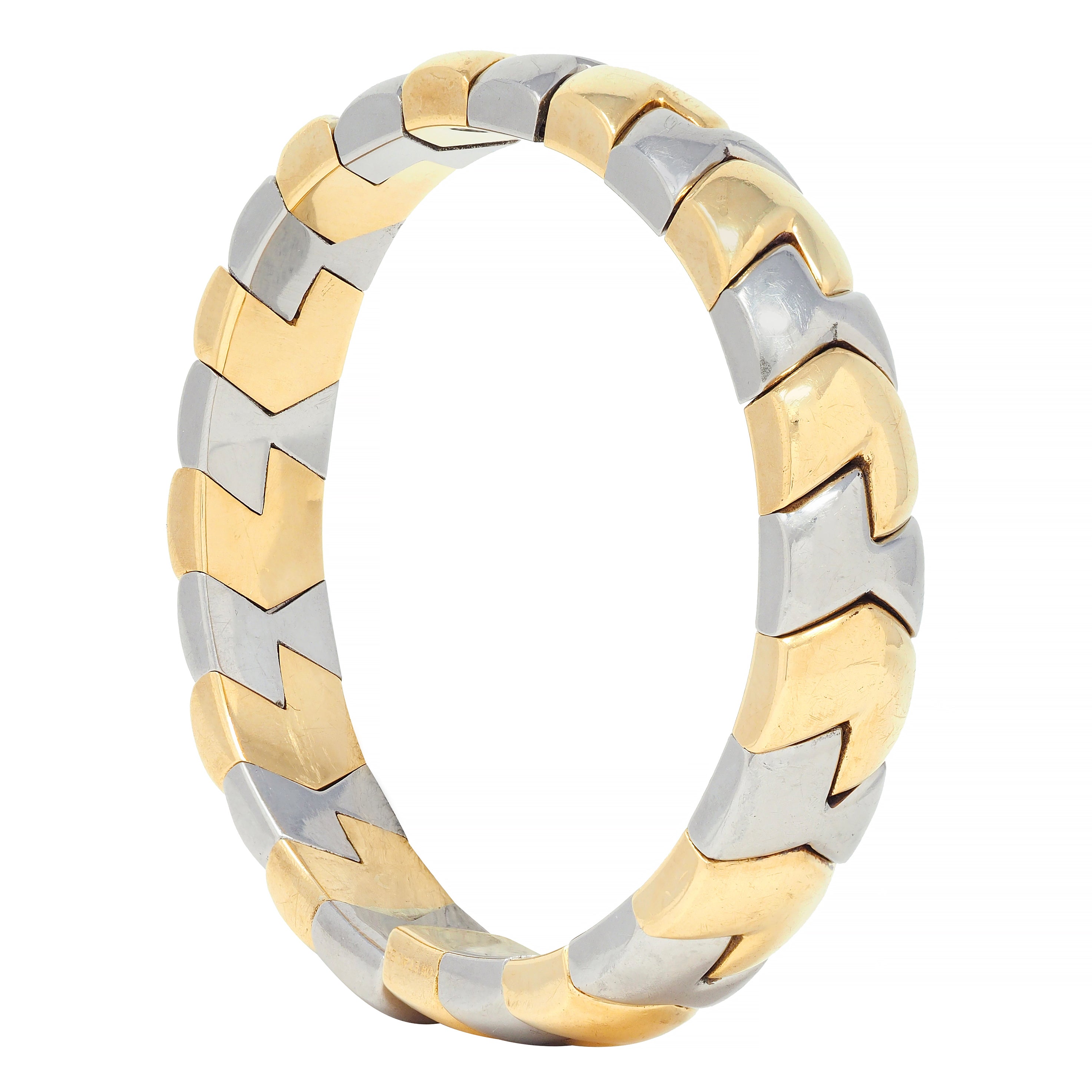 Bulgari 1980's 18 Karat Gold Stainless Steel Spiga Vintage Cuff Bracelet