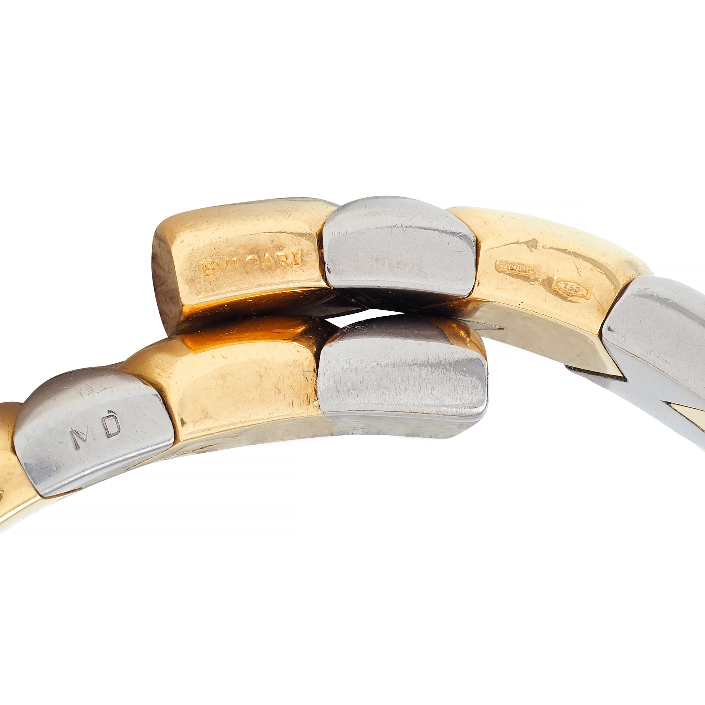 Bulgari 1980's 18 Karat Gold Stainless Steel Spiga Vintage Cuff Bracelet