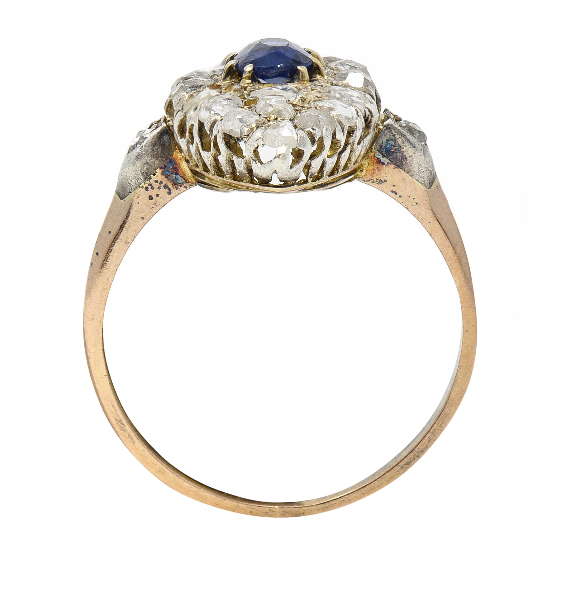 Victorian 1.84 CTW Sapphire Diamond 18 Karat Gold Silver Antique Cluster Ring