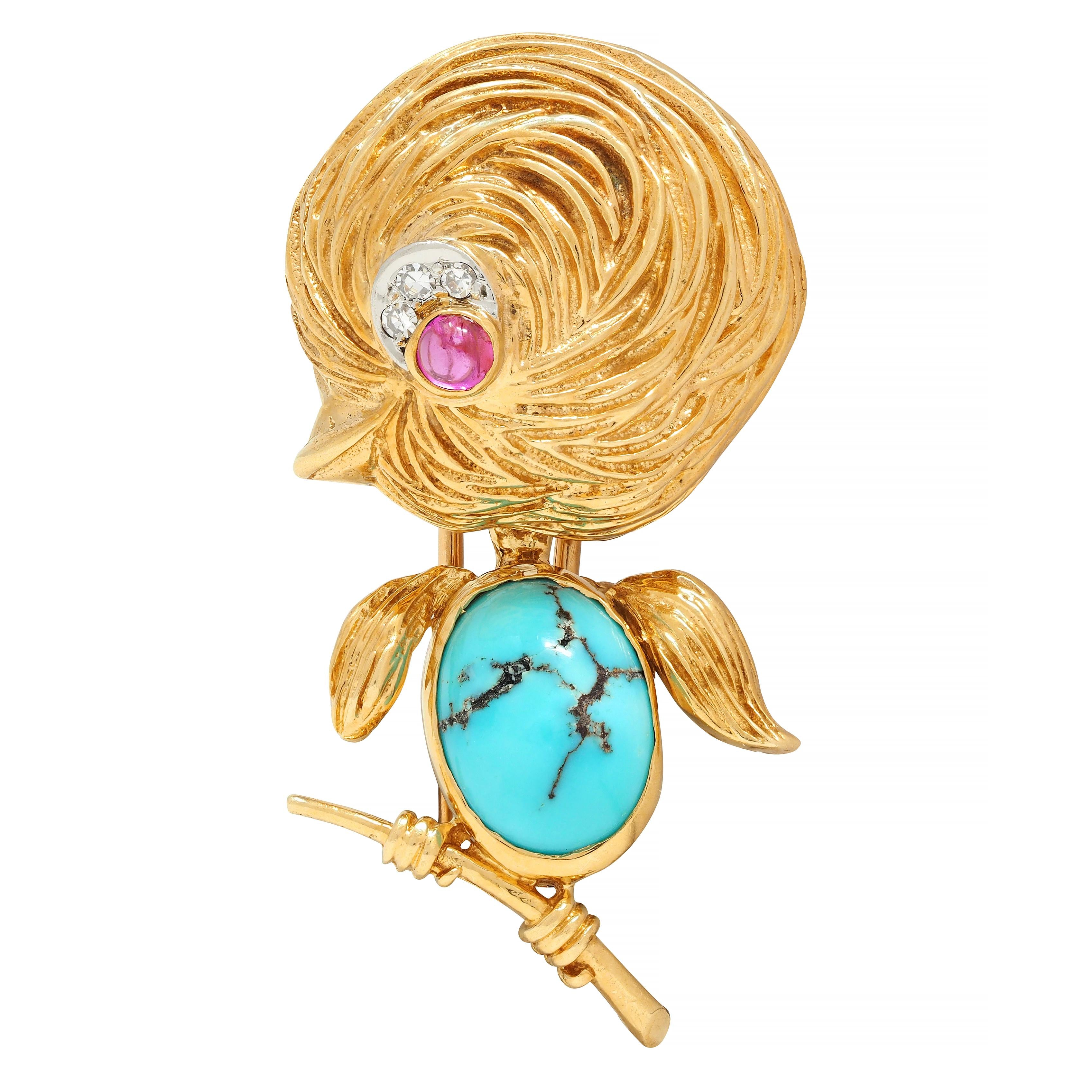 Van Cleef & Arpels Diamond Turquoise Platinum 18 Karat Gold Vintage Bird Brooch