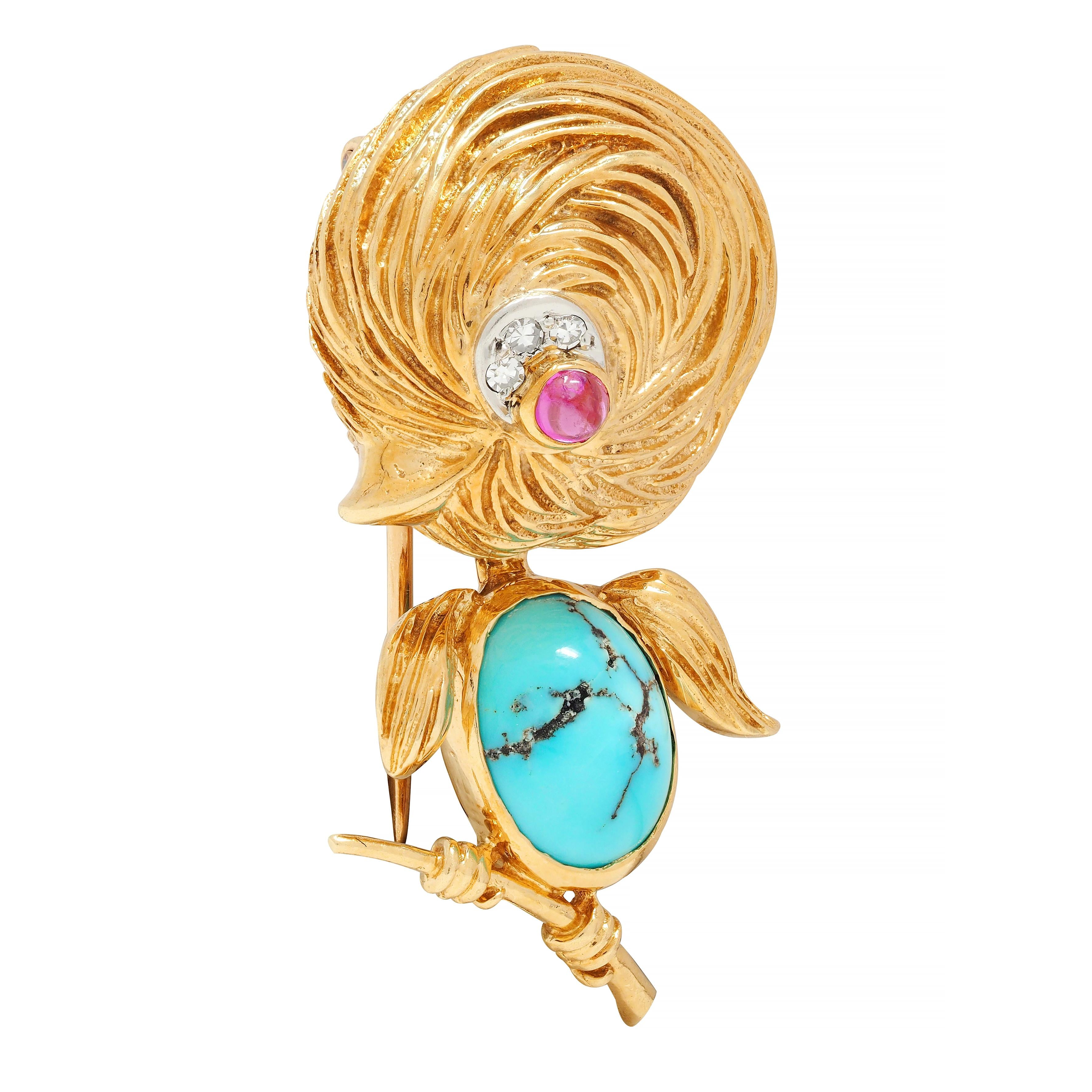 Van Cleef & Arpels Diamond Turquoise Platinum 18 Karat Gold Vintage Bird Brooch