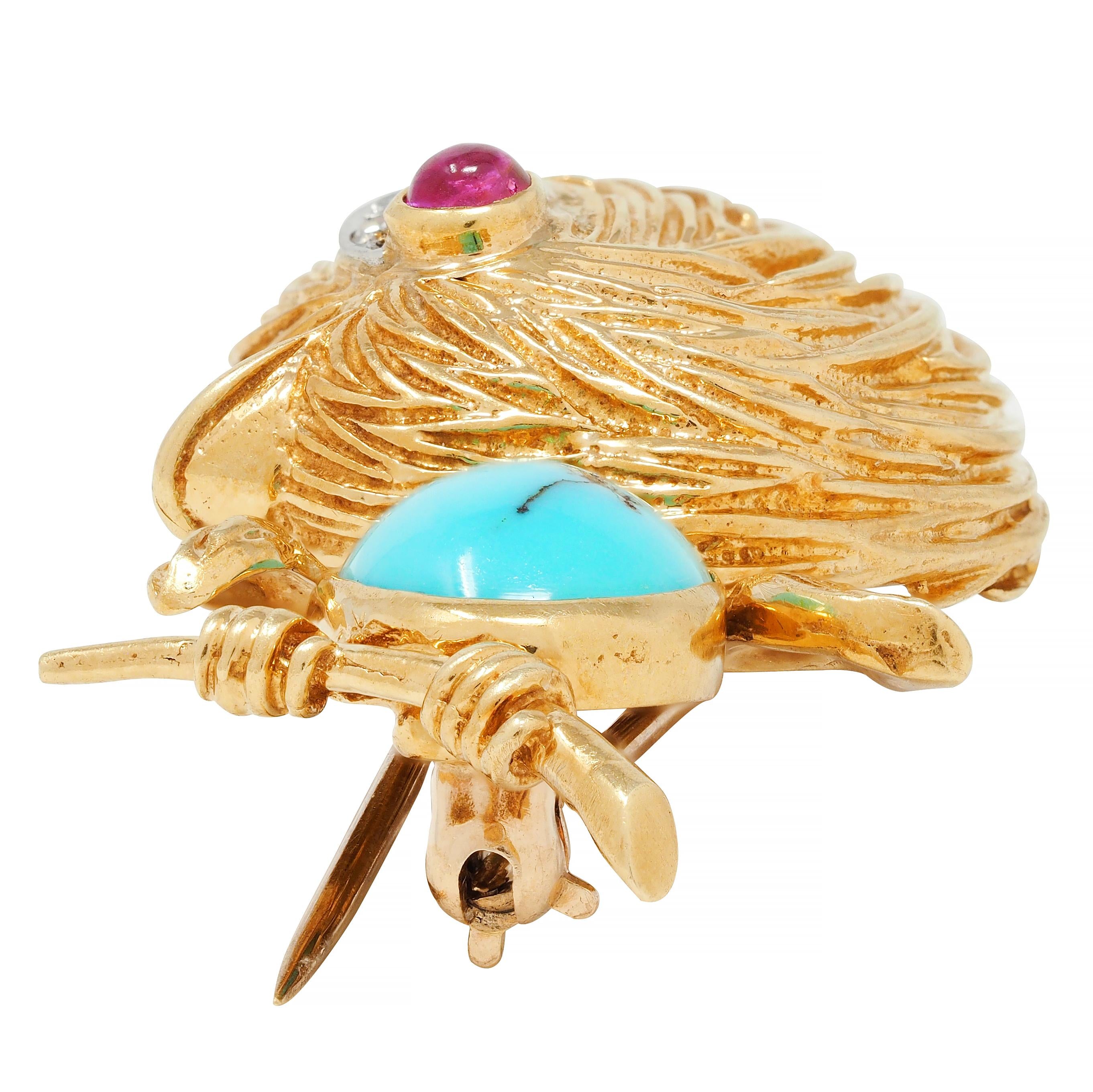 Van Cleef & Arpels Diamond Turquoise Platinum 18 Karat Gold Vintage Bird Brooch