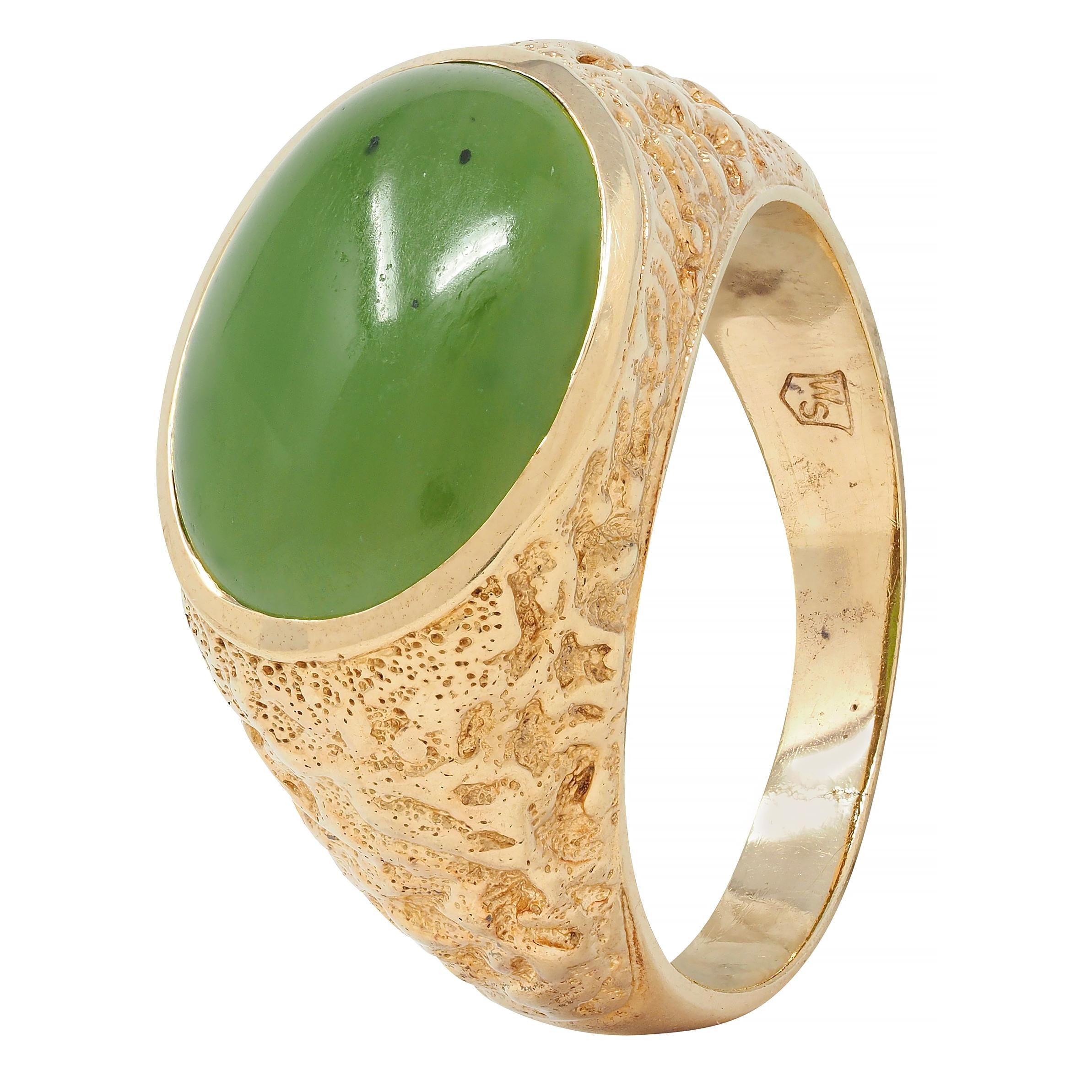 Brutalist Jade Cabochon 10 Karat Yellow Gold Vintage Signet Ring