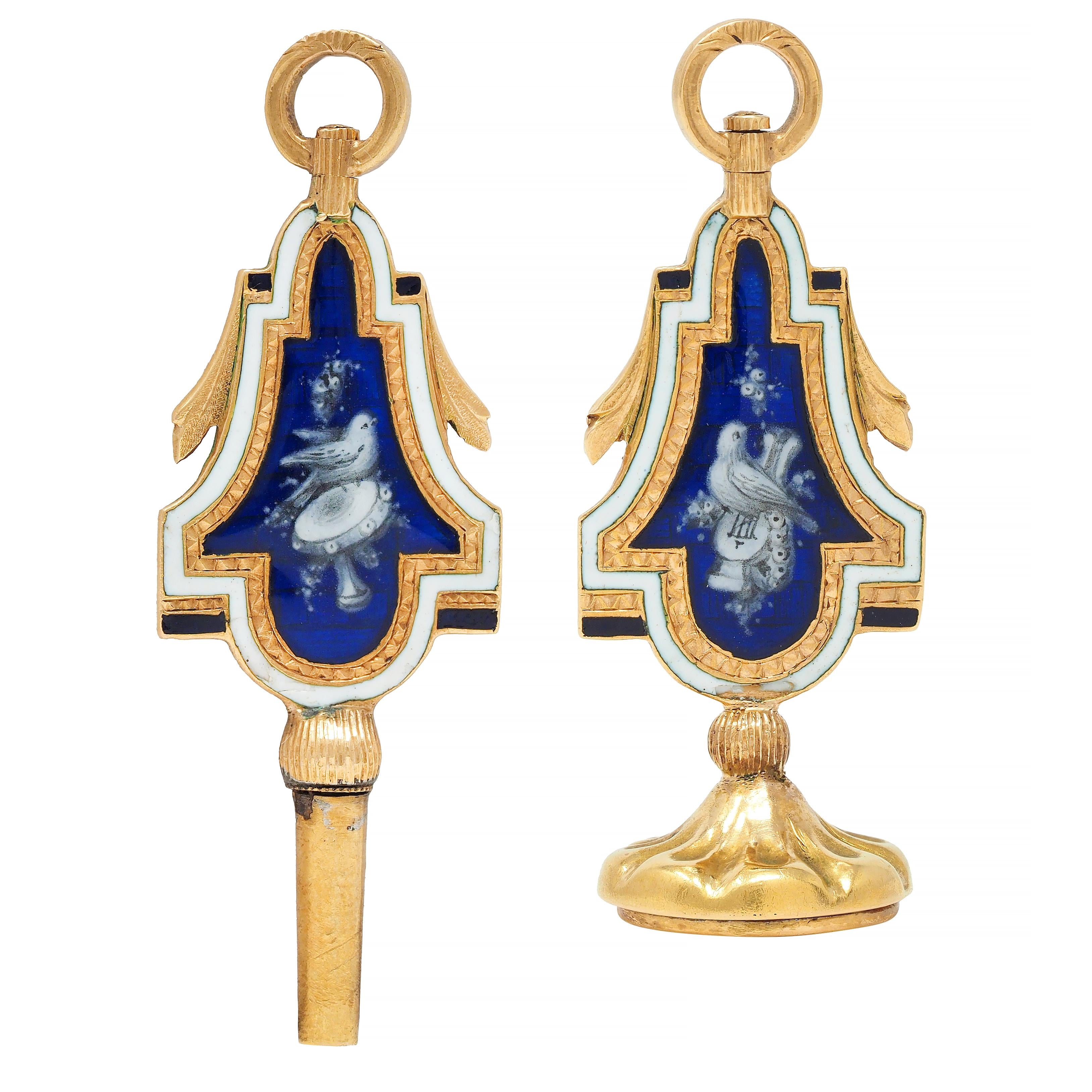 Victorian Enamel 18 Karat Yellow Gold Bird Antique Fob Pendant Set