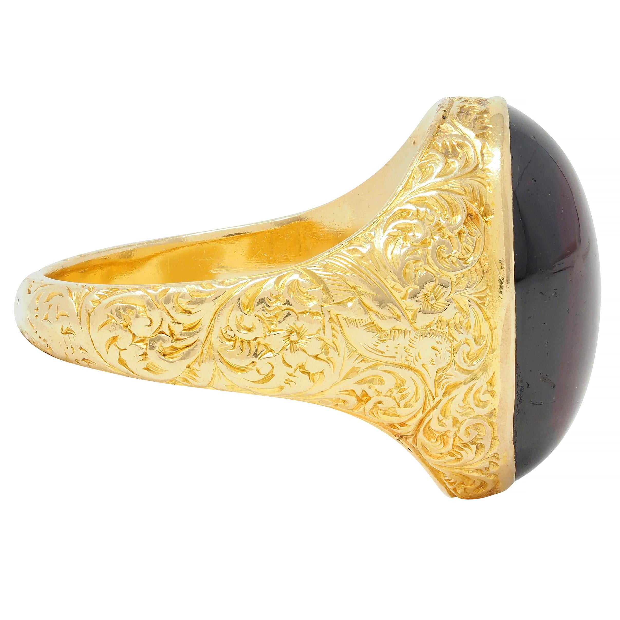 Victorian Garnet Cabochon 18 Karat Yellow Gold Floral Antique Unisex Signet Ring
