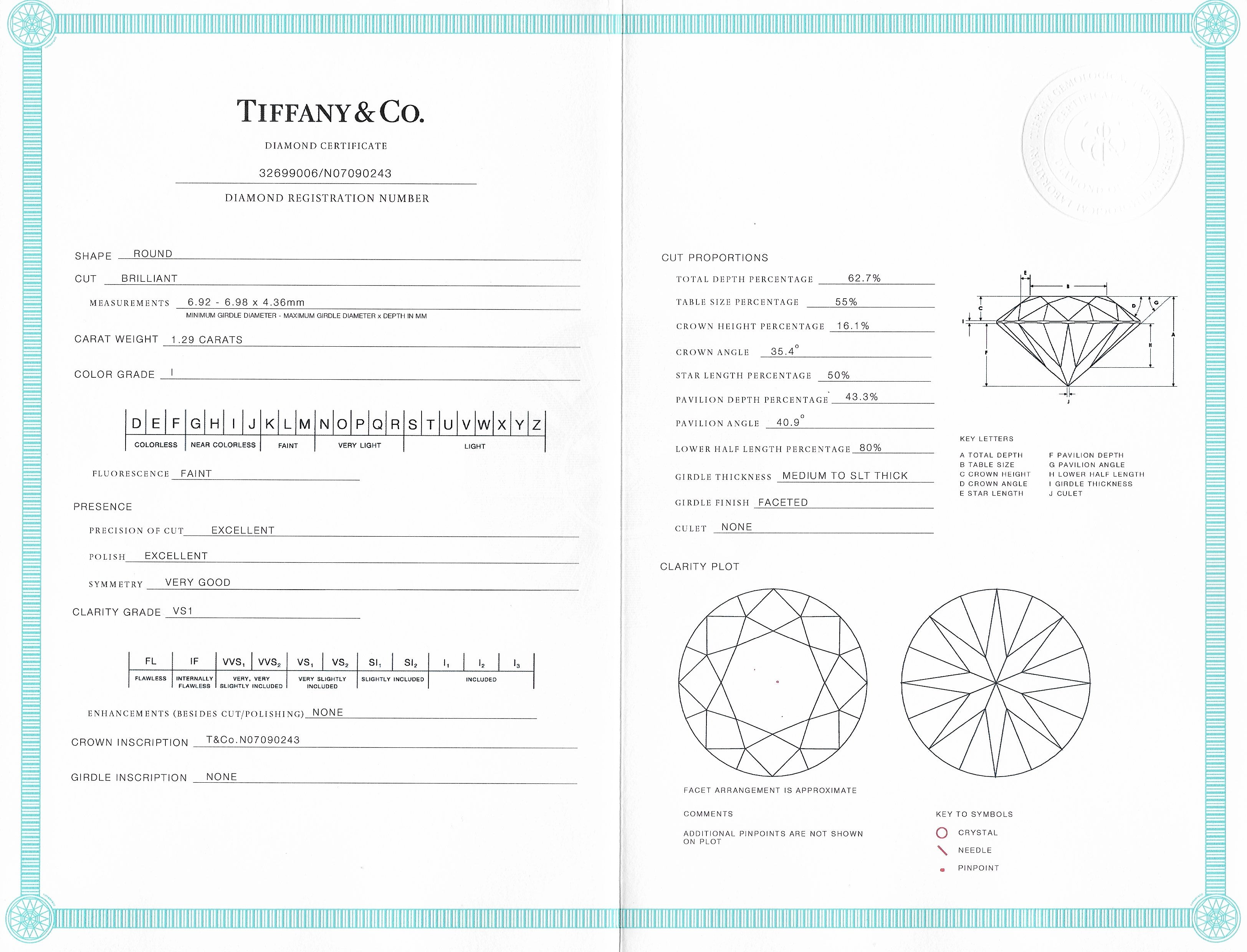 Tiffany & Co. 1.29 CTW Diamond Platinum Solitaire Engagement RingRing - Wilson's Estate Jewelry