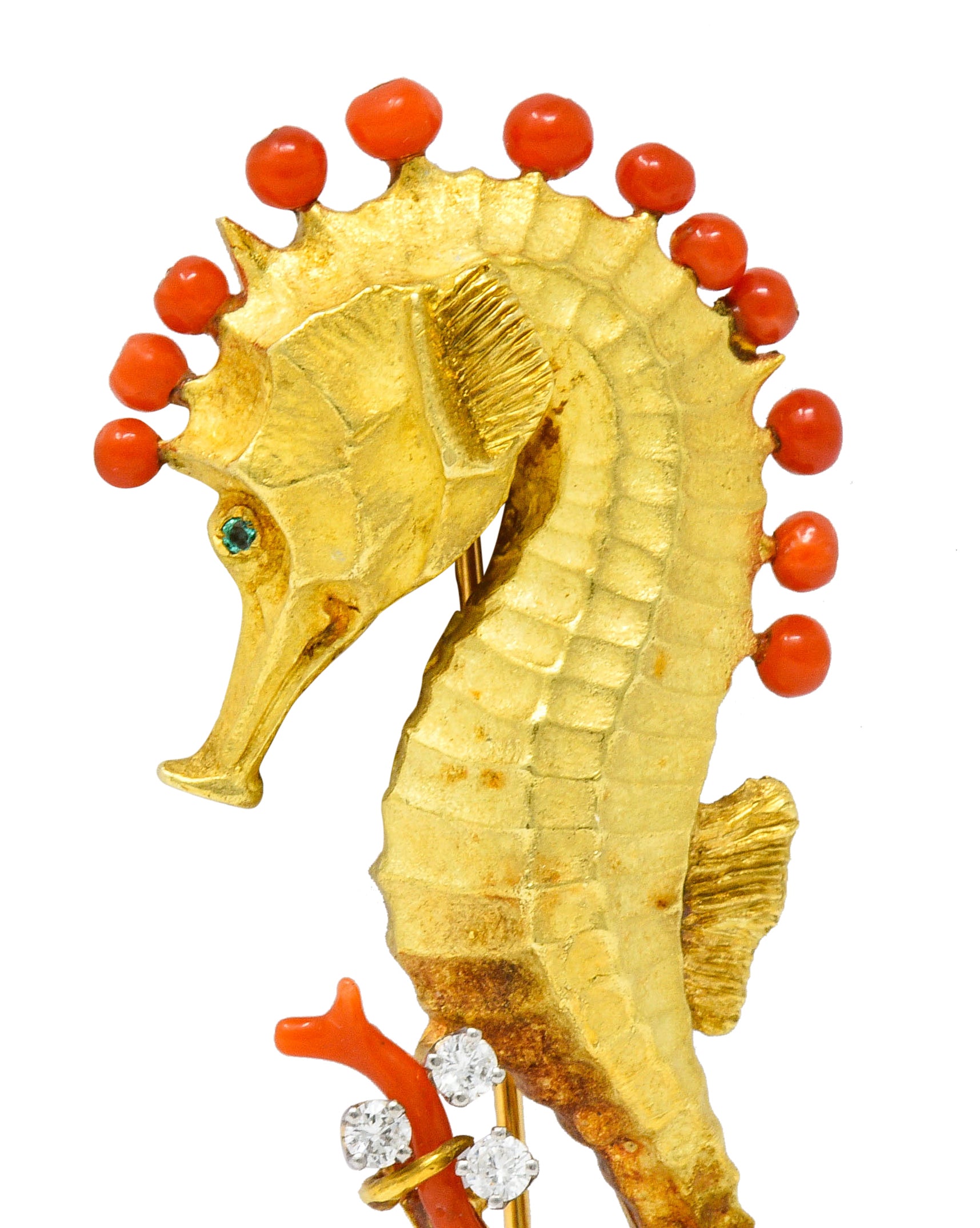 Cartier Vintage Coral Diamond Emerald 18 Karat Gold Seahorse BroochBrooch - Wilson's Estate Jewelry