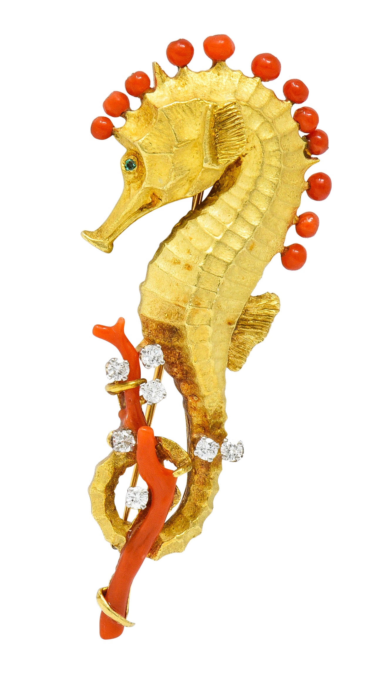 Cartier Vintage Coral Diamond Emerald 18 Karat Gold Seahorse BroochBrooch - Wilson's Estate Jewelry