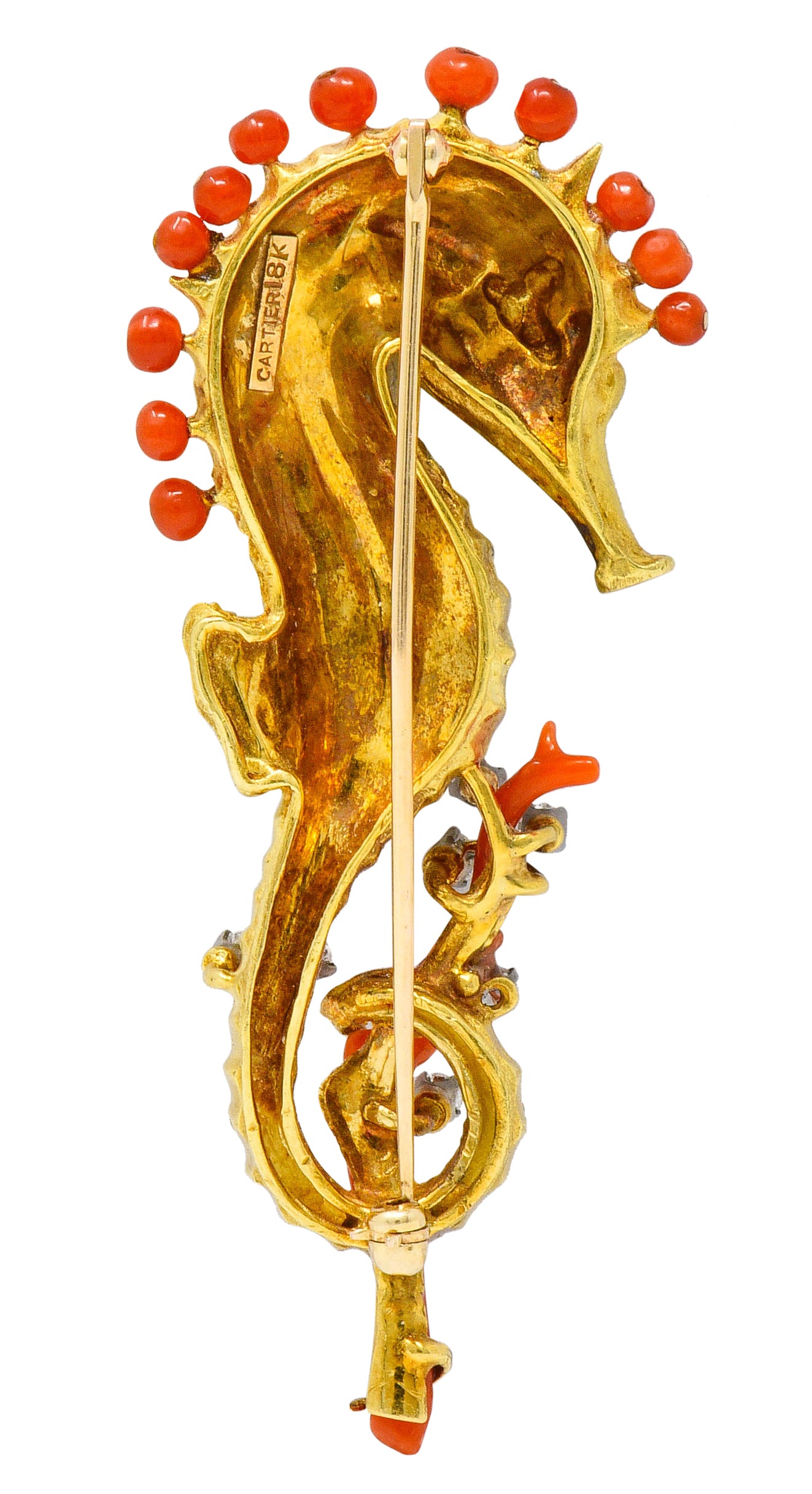 Cartier Vintage Coral Diamond Emerald 18 Karat Gold Seahorse BroochBrooch - Wilson's Estate Jewelry