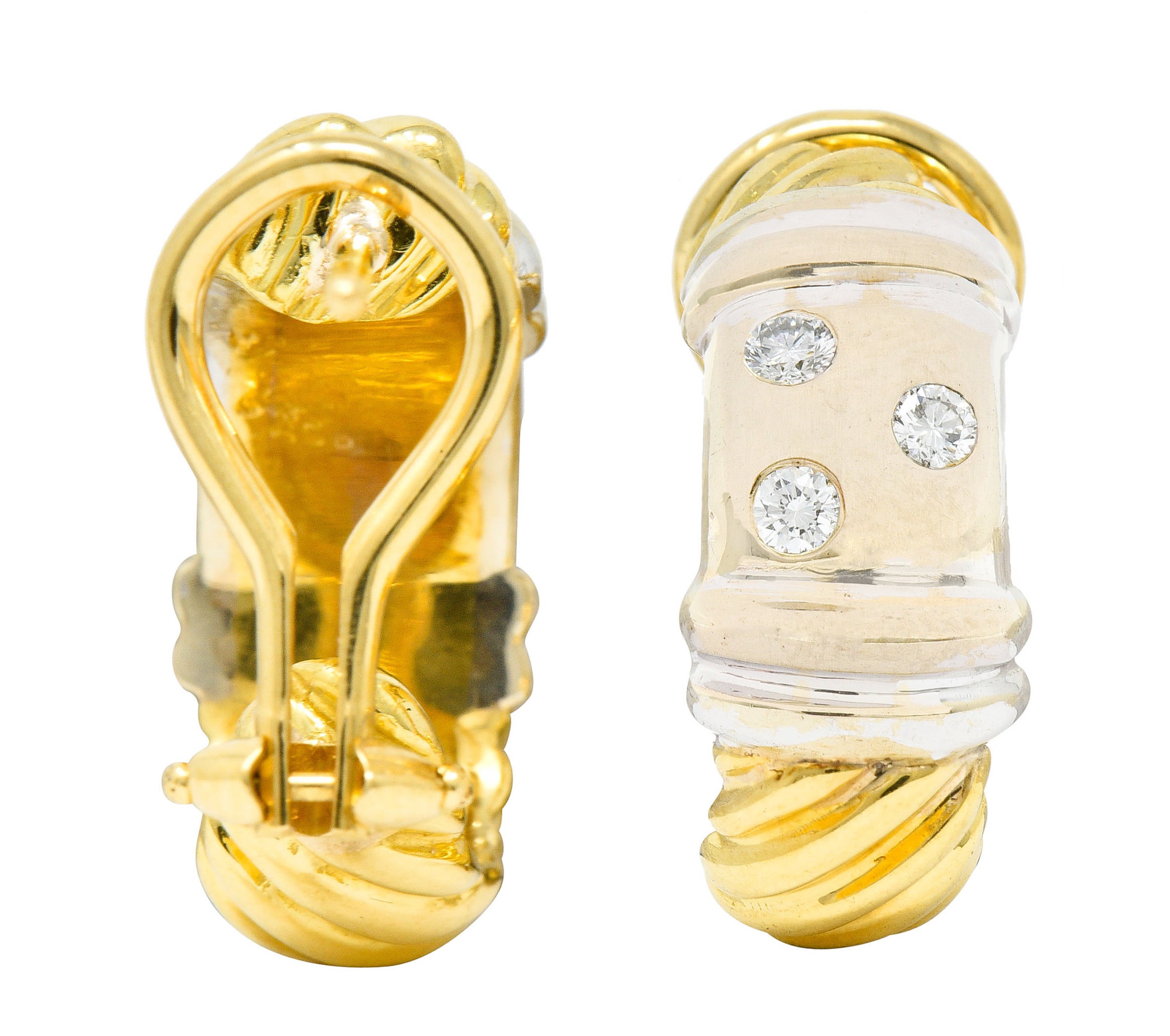 David Yurman Diamond 18 Karat Yellow And White Gold Metro J Hoop EarringsEarrings - Wilson's Estate Jewelry