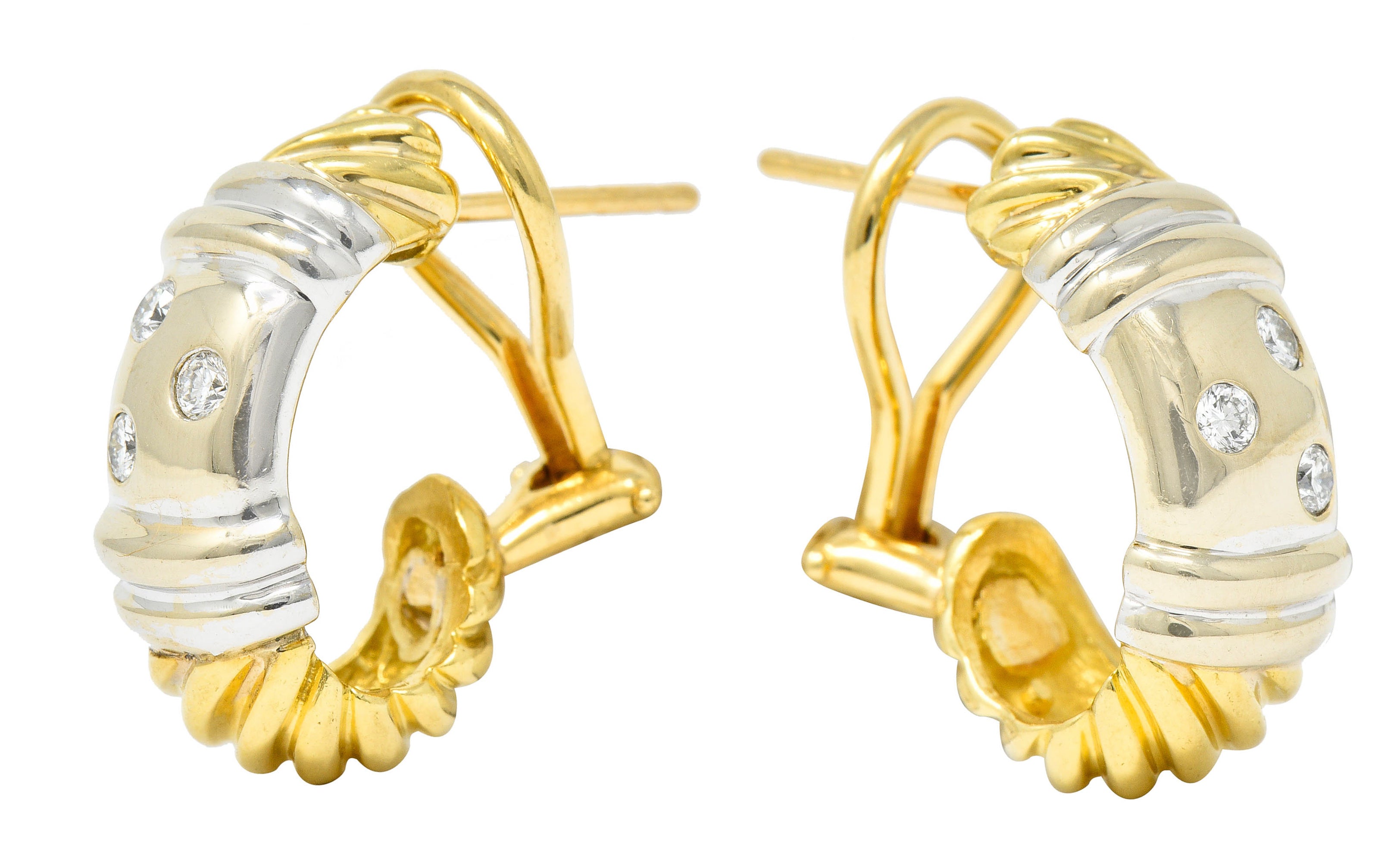 David Yurman Diamond 18 Karat Yellow And White Gold Metro J Hoop EarringsEarrings - Wilson's Estate Jewelry
