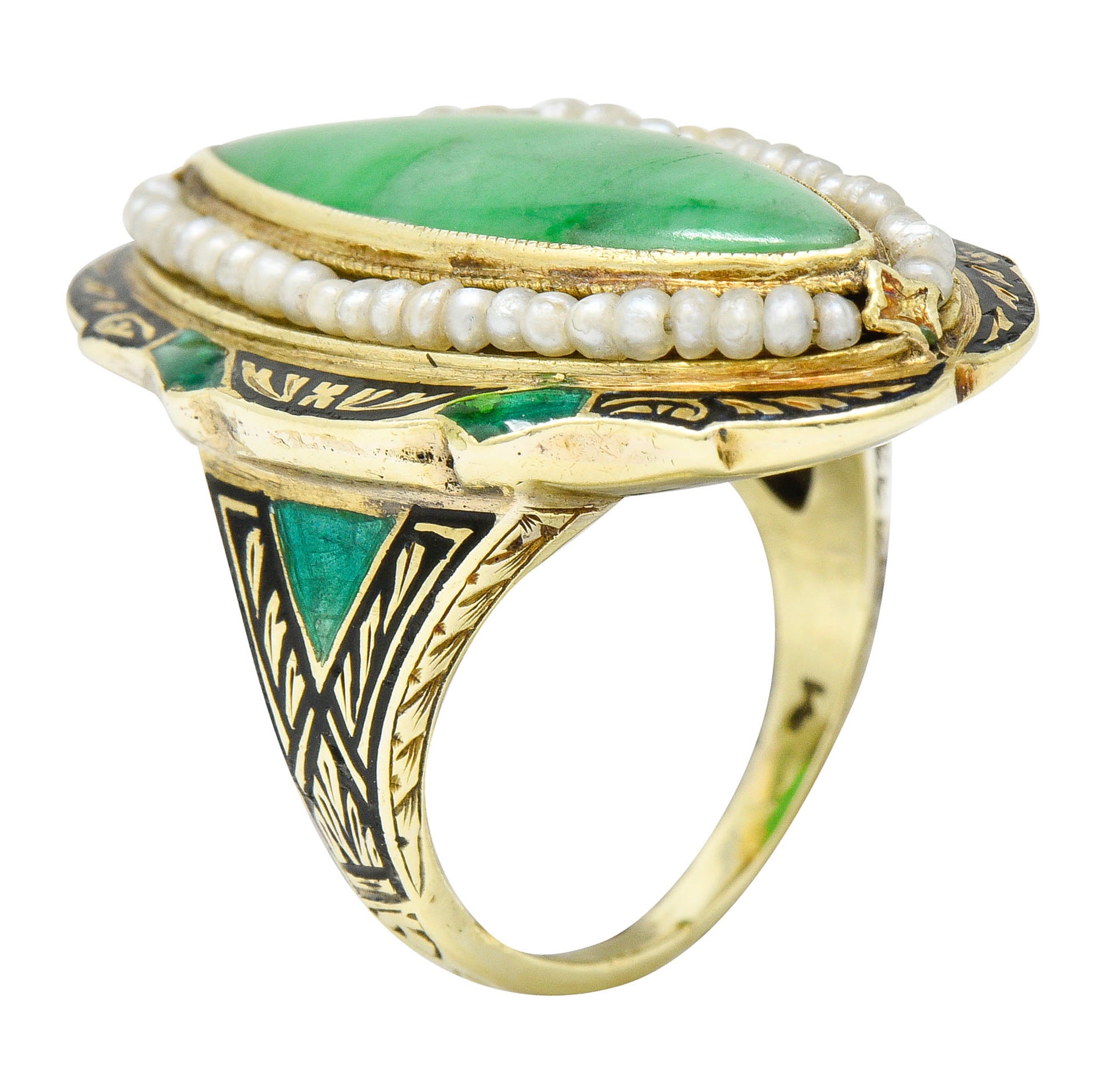 Art Deco Jade Natural Freshwater Pearl Enamel 14 Karat Gold Navette RingRing - Wilson's Estate Jewelry