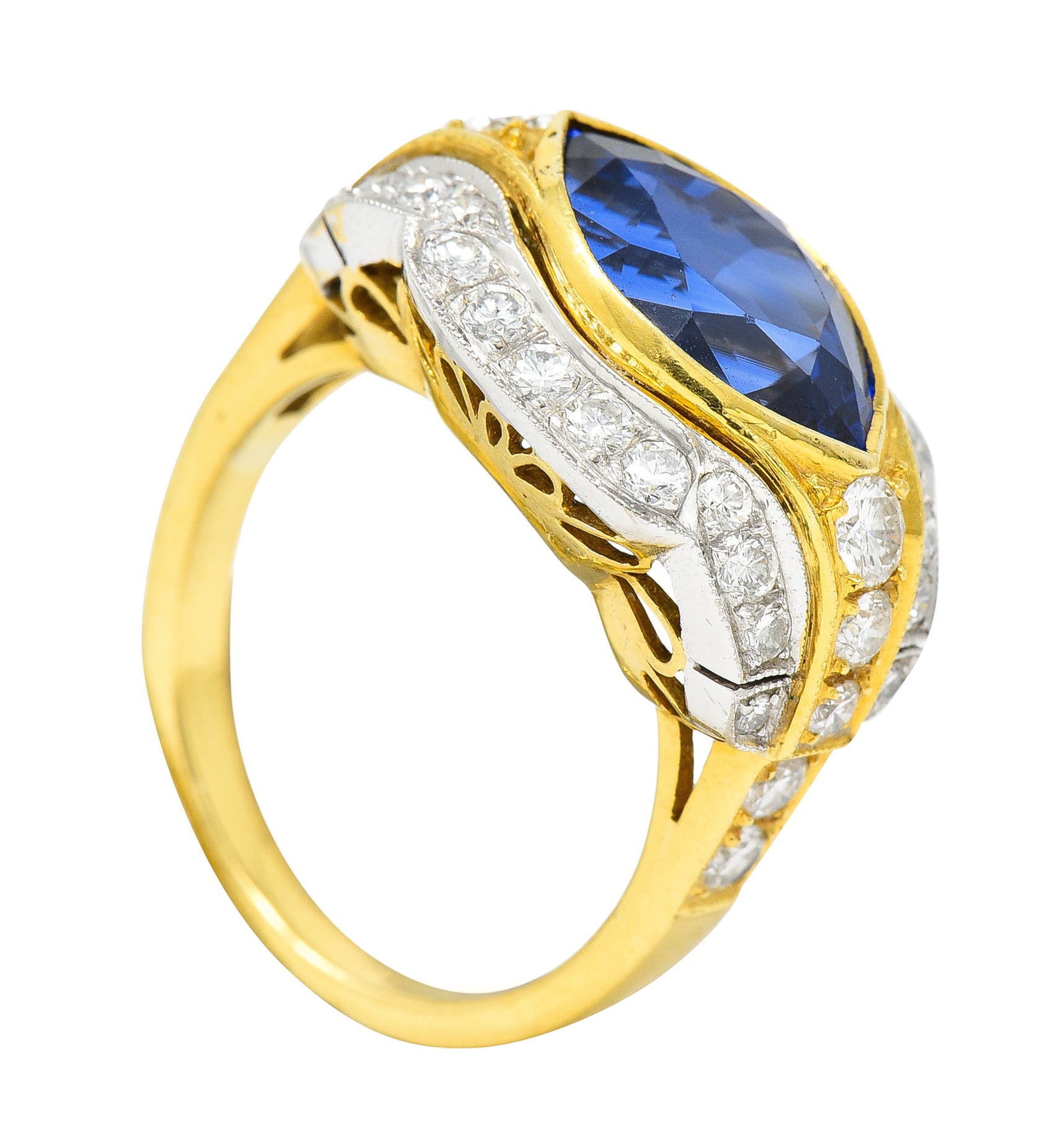 Vintage 5.71 CTW Ceylon Sapphire Diamond 18 Karat Two-Tone Gold Gemstone Ring Wilson's Estate Jewelry