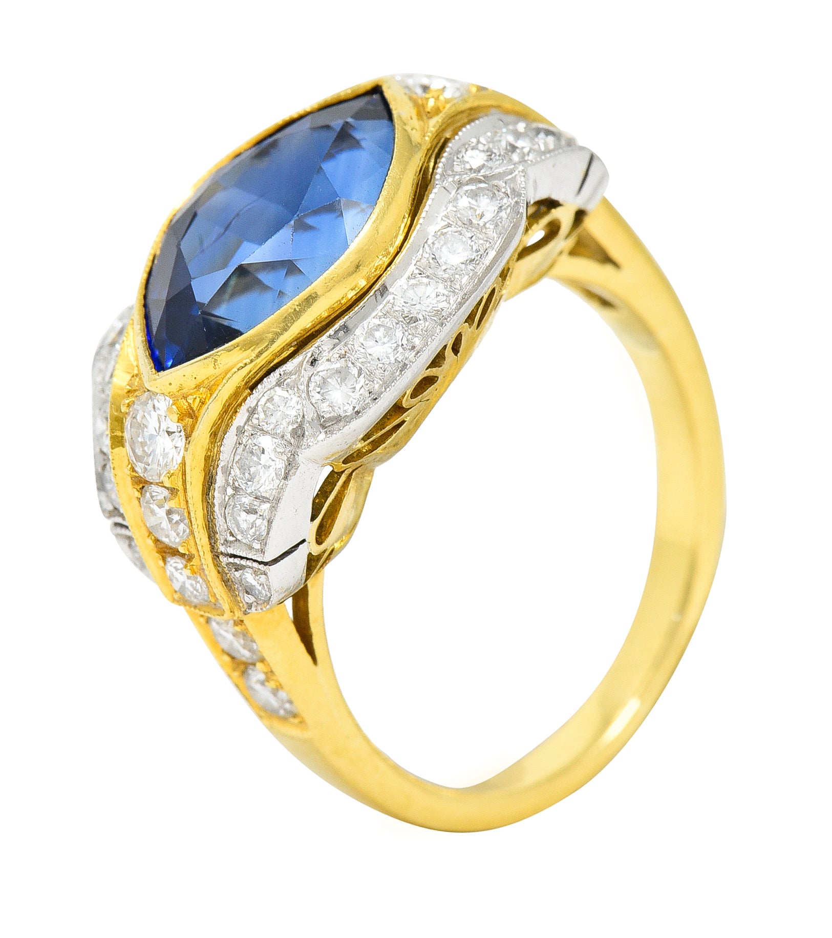 Vintage 5.71 CTW Ceylon Sapphire Diamond 18 Karat Two-Tone Gold Gemstone Ring Wilson's Estate Jewelry