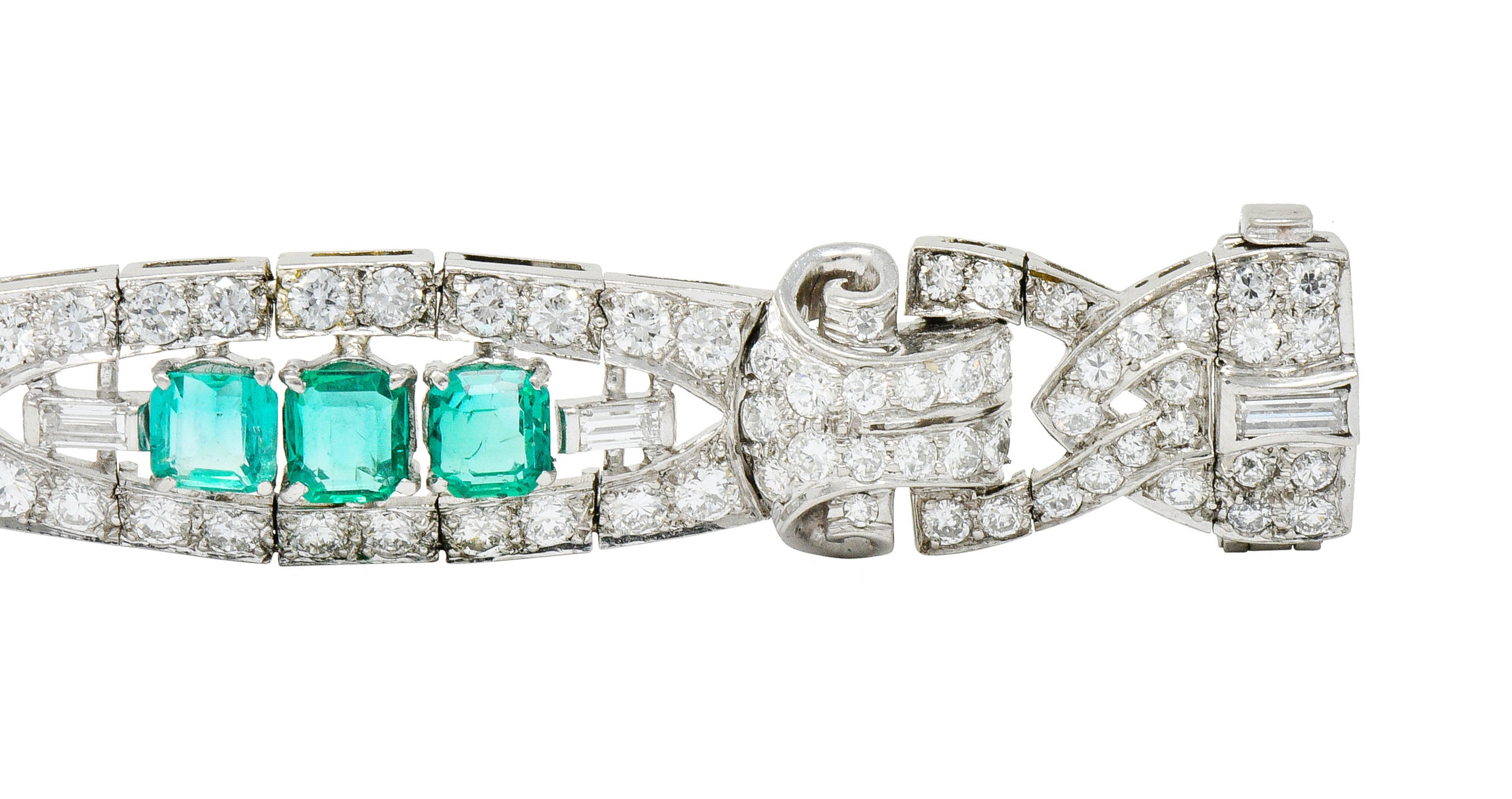 1950's Mid-Century 9.55 CTW Emerald Diamond Platinum Scrolled Link Braceletbracelet - Wilson's Estate Jewelry
