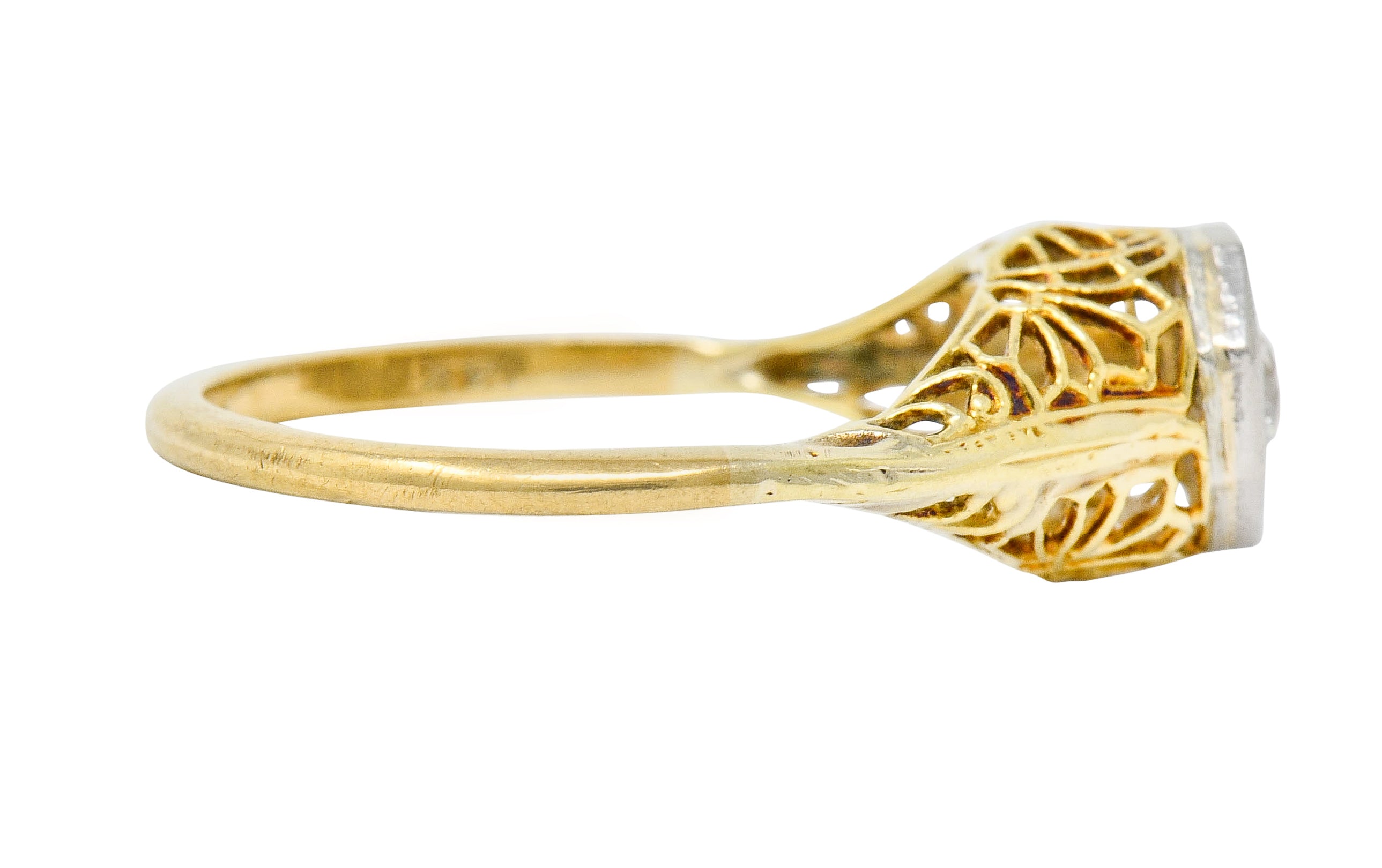 Edwardian Diamond Platinum-Topped 14 Karat Gold Floral Hexagonal Engagement Ring - Wilson's Estate Jewelry