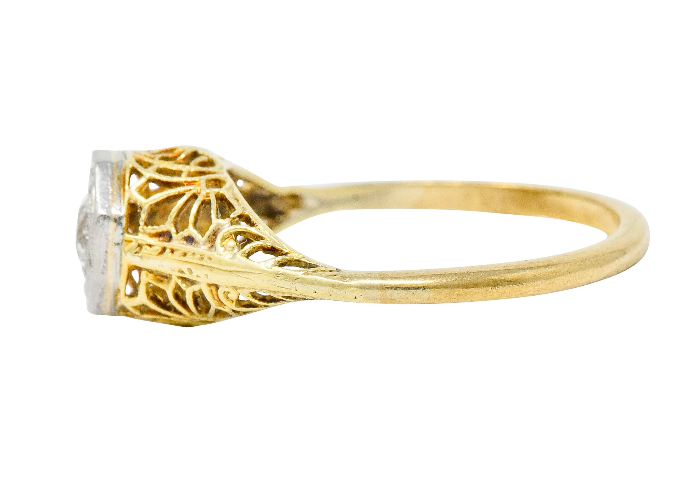 Edwardian Diamond Platinum-Topped 14 Karat Gold Floral Hexagonal Engagement Ring - Wilson's Estate Jewelry