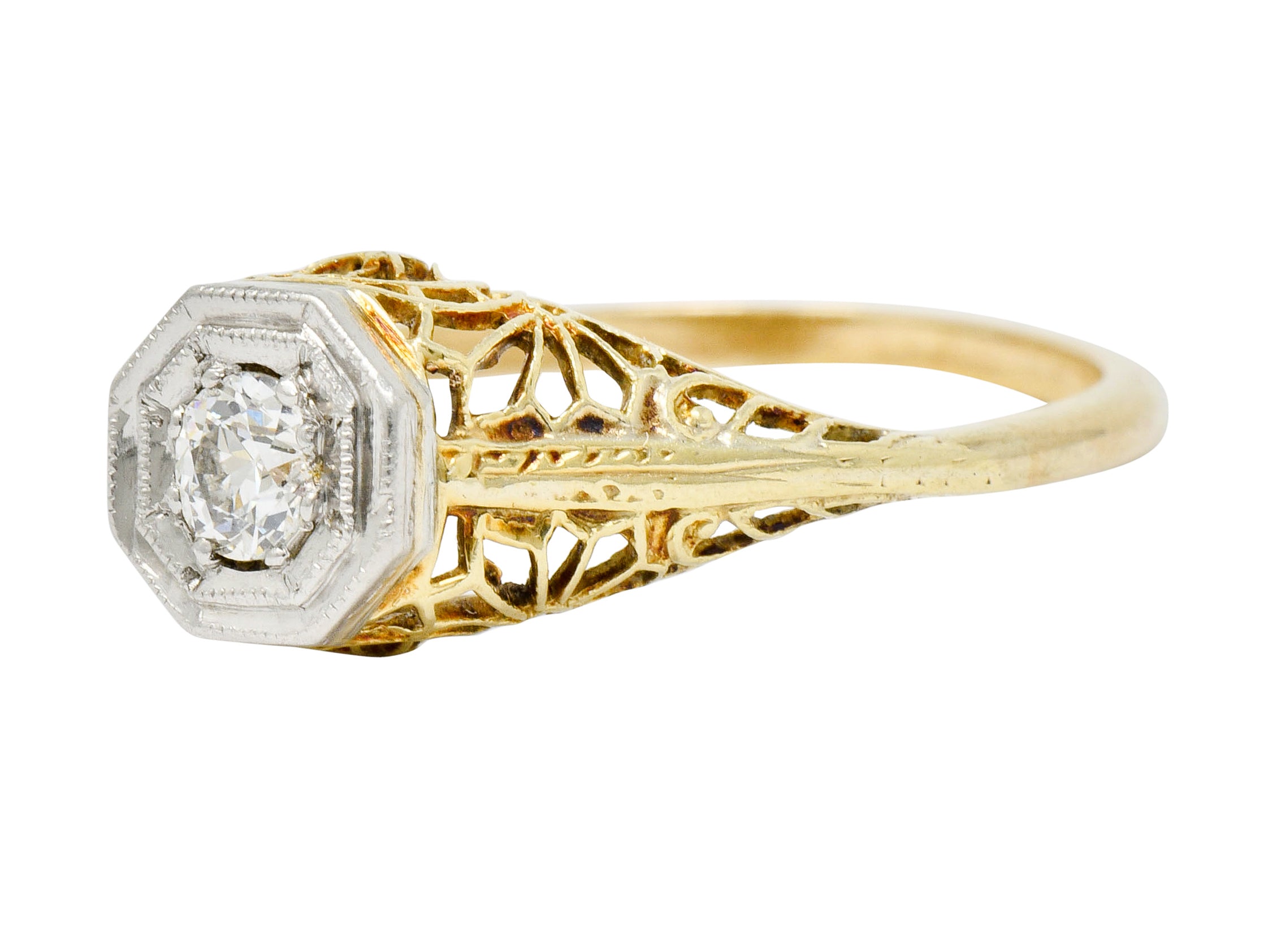 Edwardian Diamond Platinum-Topped 14 Karat Gold Floral Hexagonal Engagement Ring - Wilson's Estate Jewelry