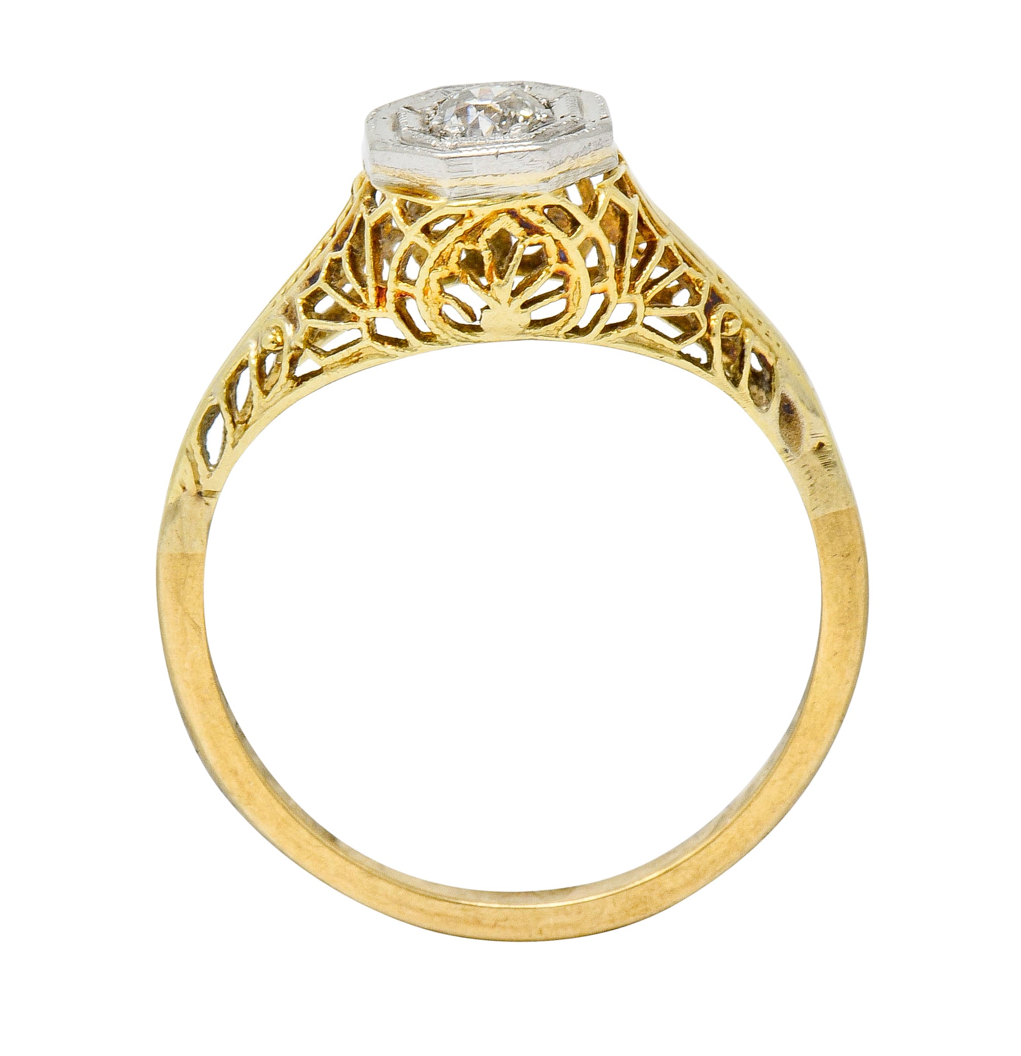 Edwardian Diamond Platinum-Topped 14 Karat Gold Floral Hexagonal Engagement Ring - Wilson's Estate Jewelry