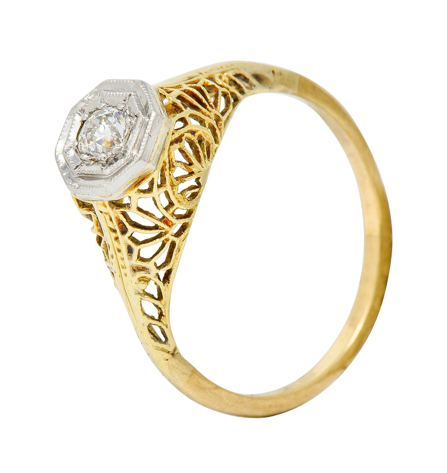 Edwardian Diamond Platinum-Topped 14 Karat Gold Floral Hexagonal Engagement Ring - Wilson's Estate Jewelry