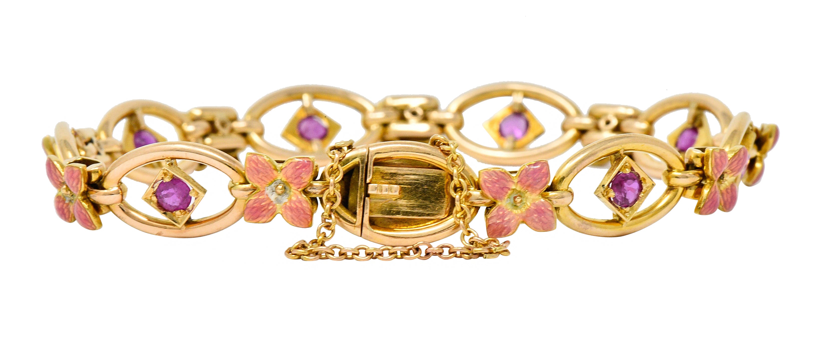 Art Nouveau Ruby Enamel 18 Karat Gold Flower Link Braceletbracelet - Wilson's Estate Jewelry