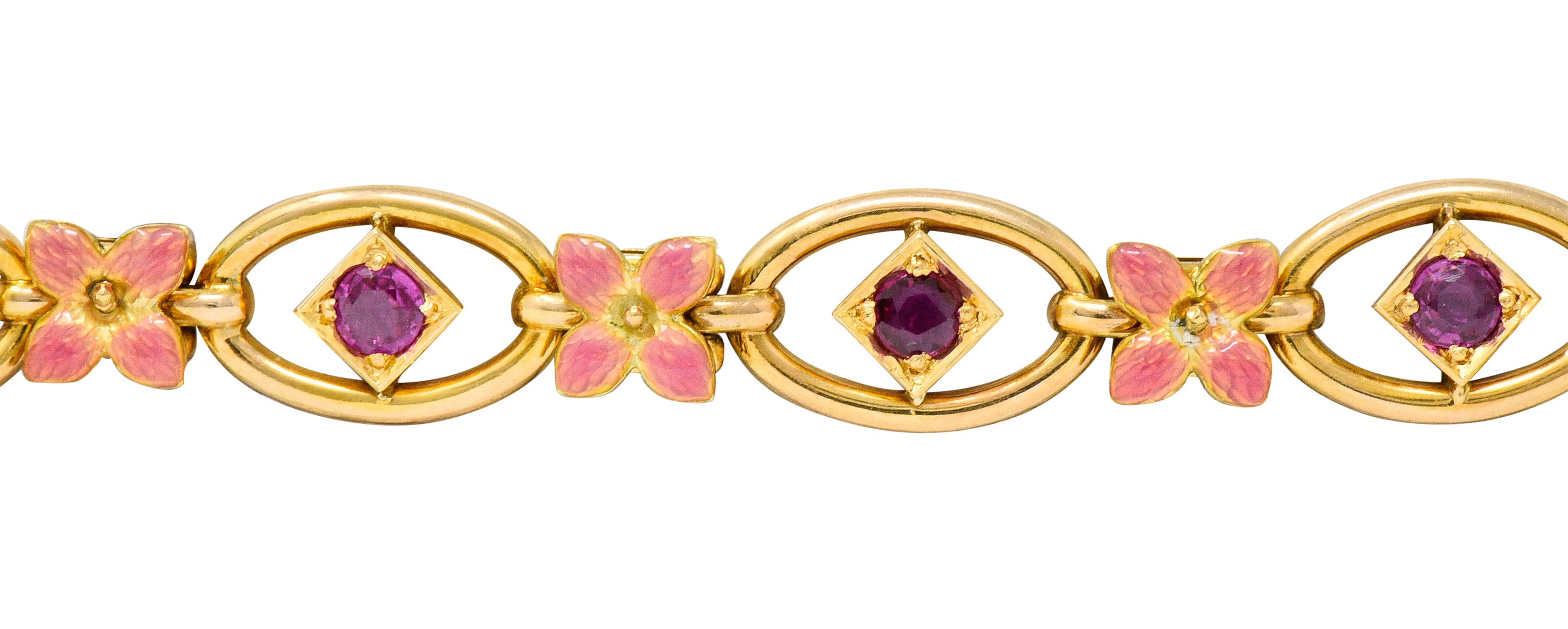 Art Nouveau Ruby Enamel 18 Karat Gold Flower Link Braceletbracelet - Wilson's Estate Jewelry