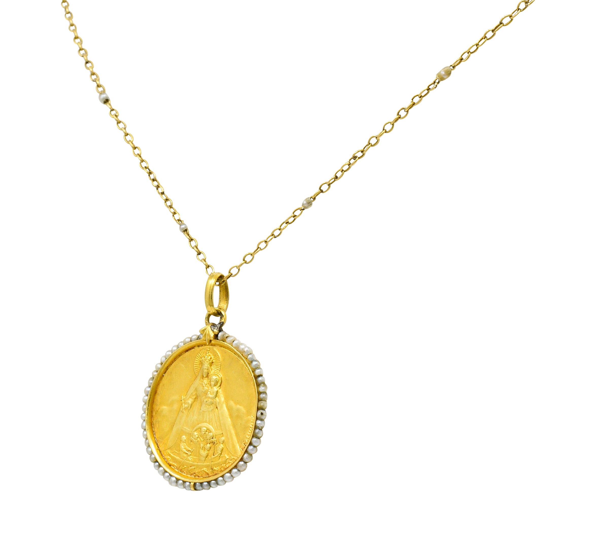 Felix Rasumny Art Nouveau Natural Freshwater Seed Pearl 18 Karat Gold Religious Medal NecklaceNecklace - Wilson's Estate Jewelry