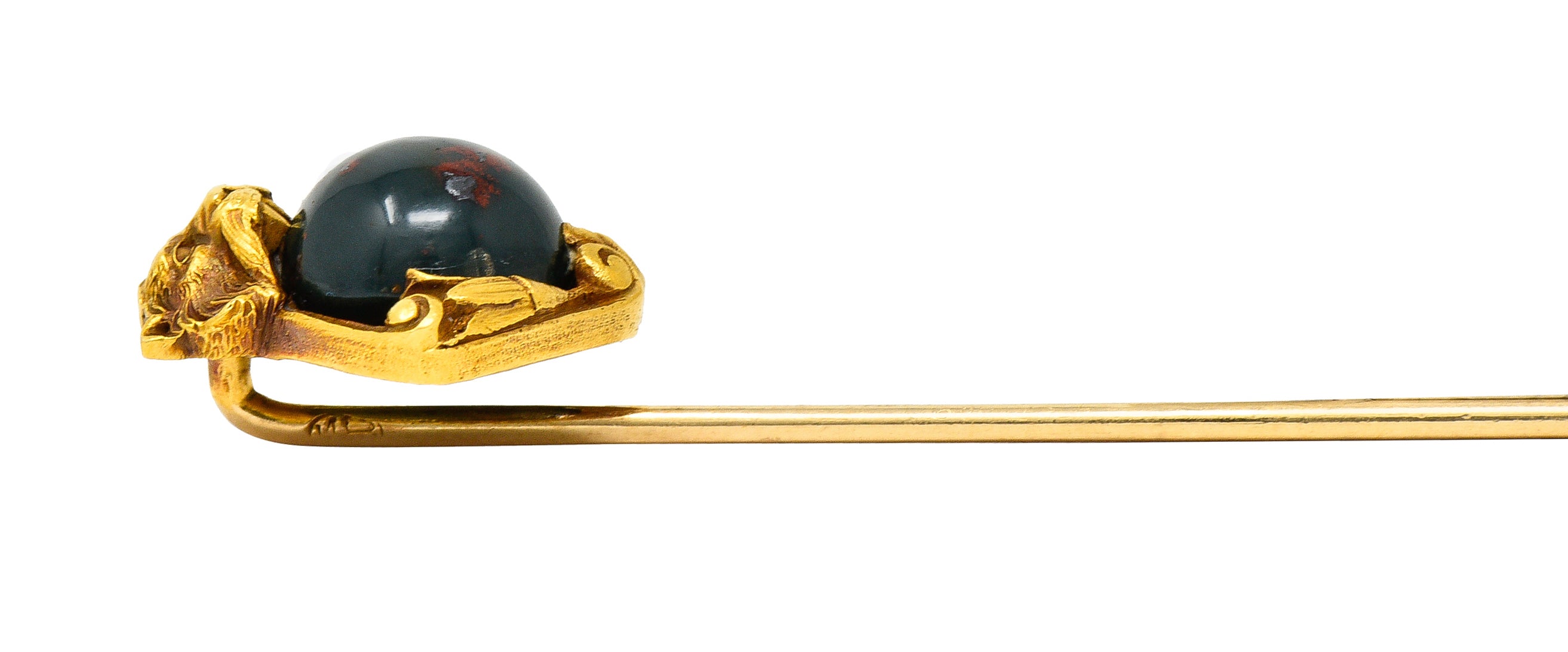 Art Nouveau Bloodstone Cabochon 18 Karat Yellow Gold Lion Lotus Antique Murrle Bennet Stickpin Wilson's Estate Jewelry