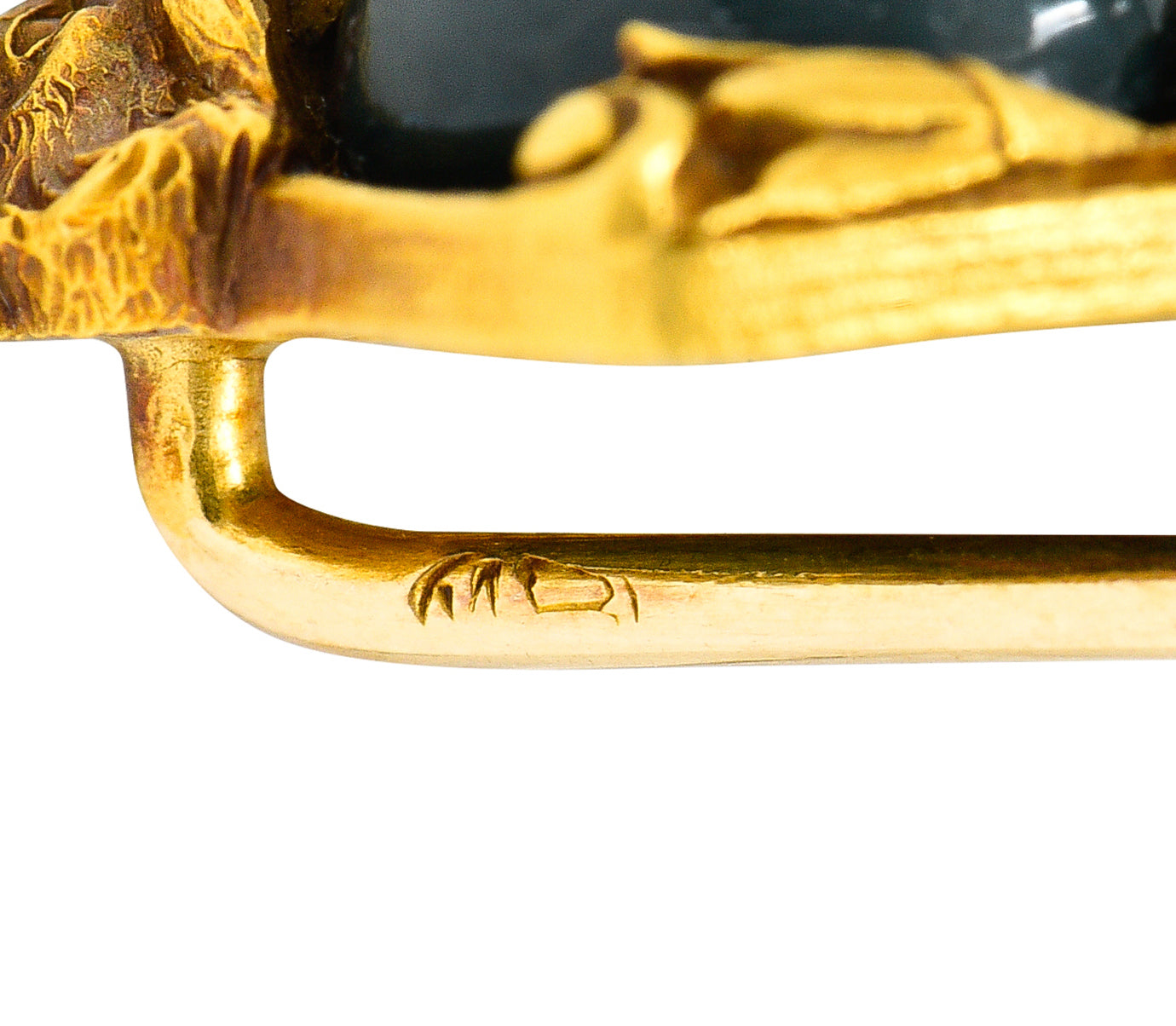 Art Nouveau Bloodstone Cabochon 18 Karat Yellow Gold Lion Lotus Antique Murrle Bennet Stickpin Wilson's Estate Jewelry