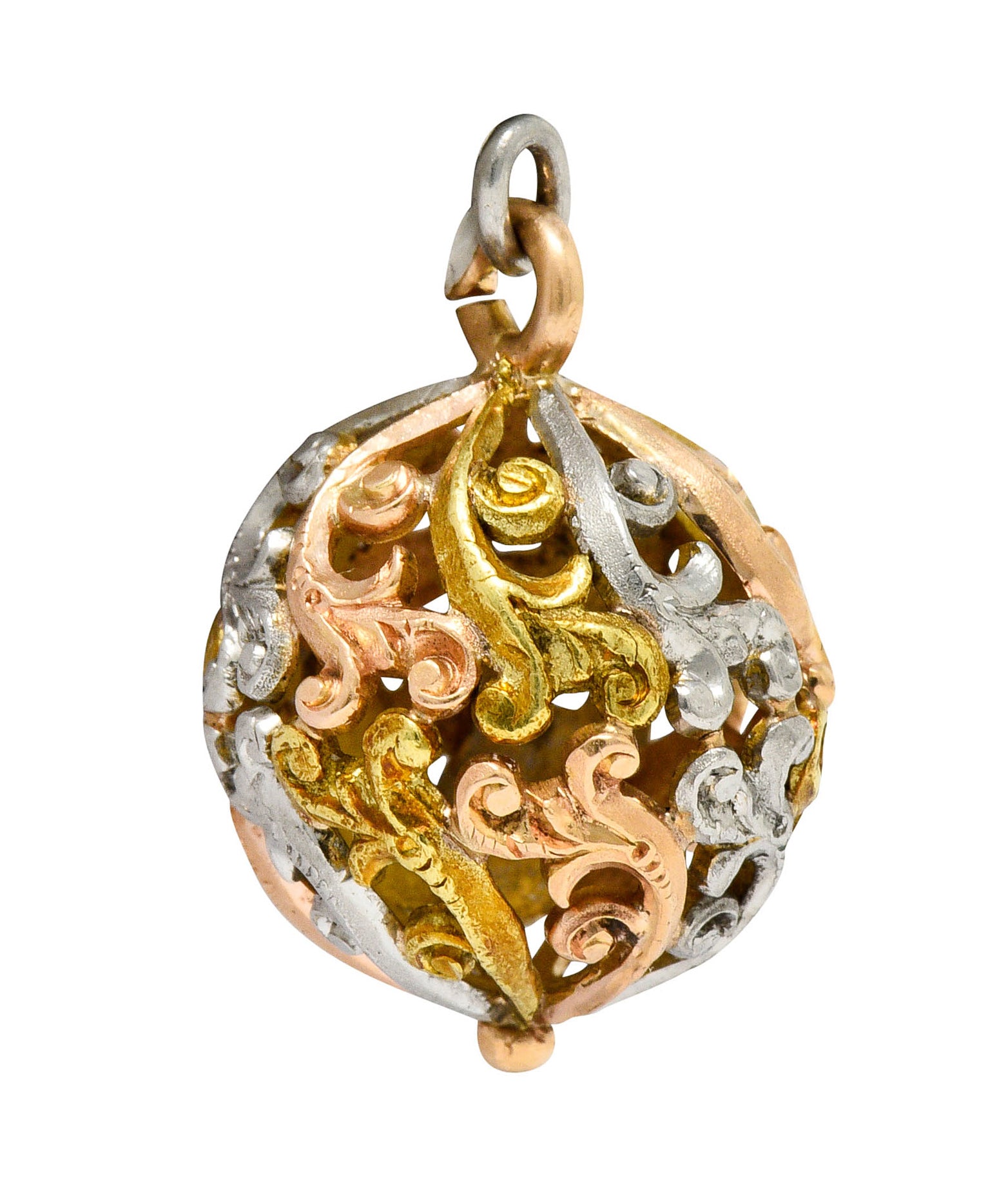 Art Nouveau 14 Karat Tri-Colored Gold Filigree Ball Charmcharm - Wilson's Estate Jewelry
