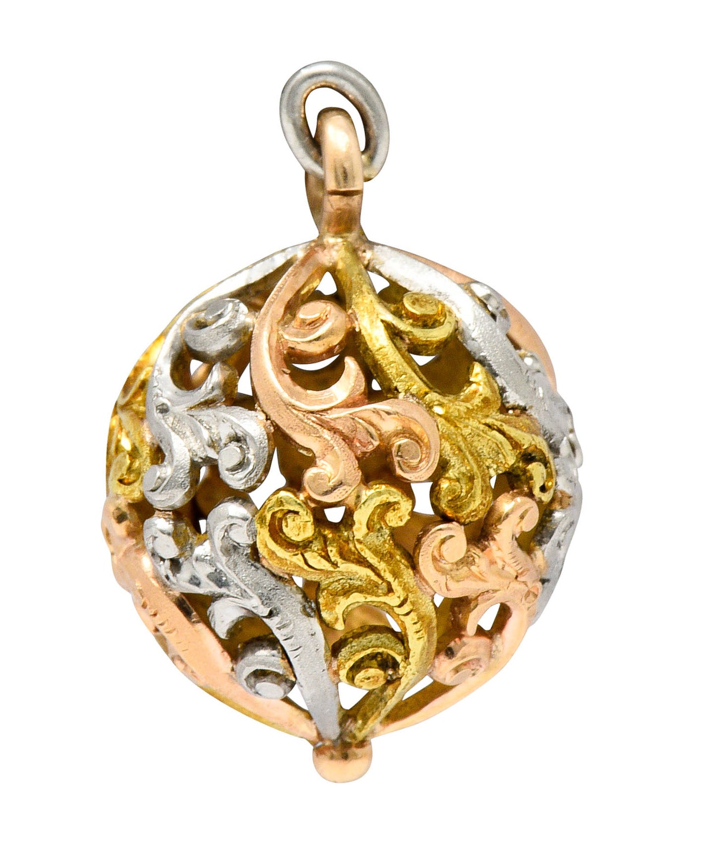 Art Nouveau 14 Karat Tri-Colored Gold Filigree Ball Charmcharm - Wilson's Estate Jewelry