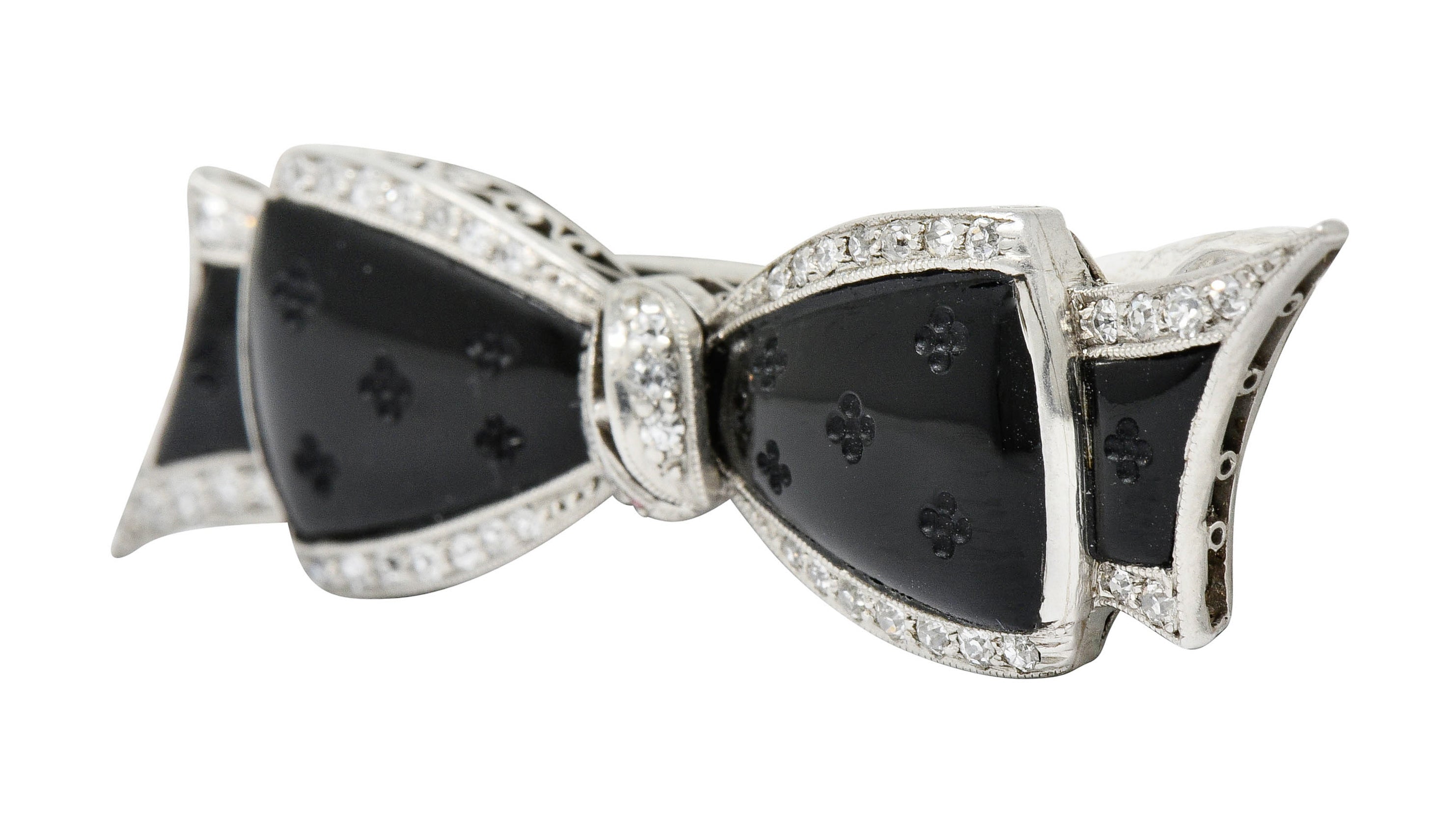J.E. Caldwell Art Deco Diamond Onyx Platinum Bow Brooch - Wilson's Estate Jewelry