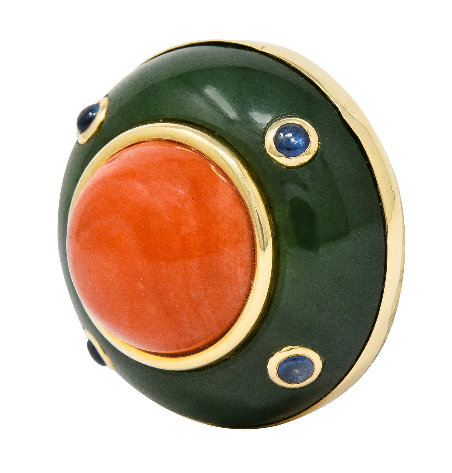 1990's Trianon Coral Jade Sapphire 14 Karat Gold Vintage Ear-Clip Earrings - Wilson's Estate Jewelry
