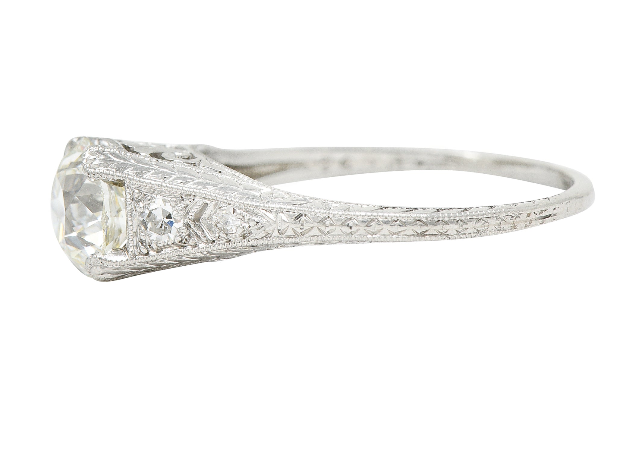 Late Edwardian Wheeler & Co. 1.48 CTW Diamond Platinum Engraved Engagement RingRing - Wilson's Estate Jewelry