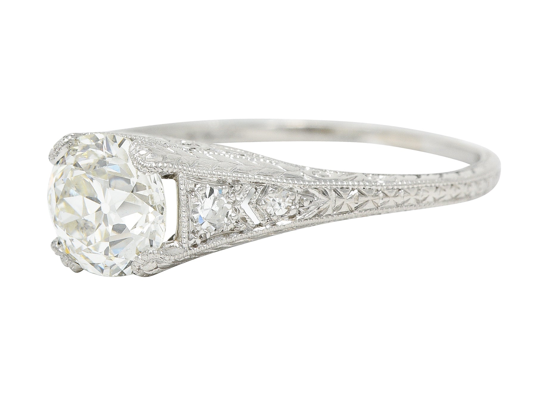 Late Edwardian Wheeler & Co. 1.48 CTW Diamond Platinum Engraved Engagement RingRing - Wilson's Estate Jewelry