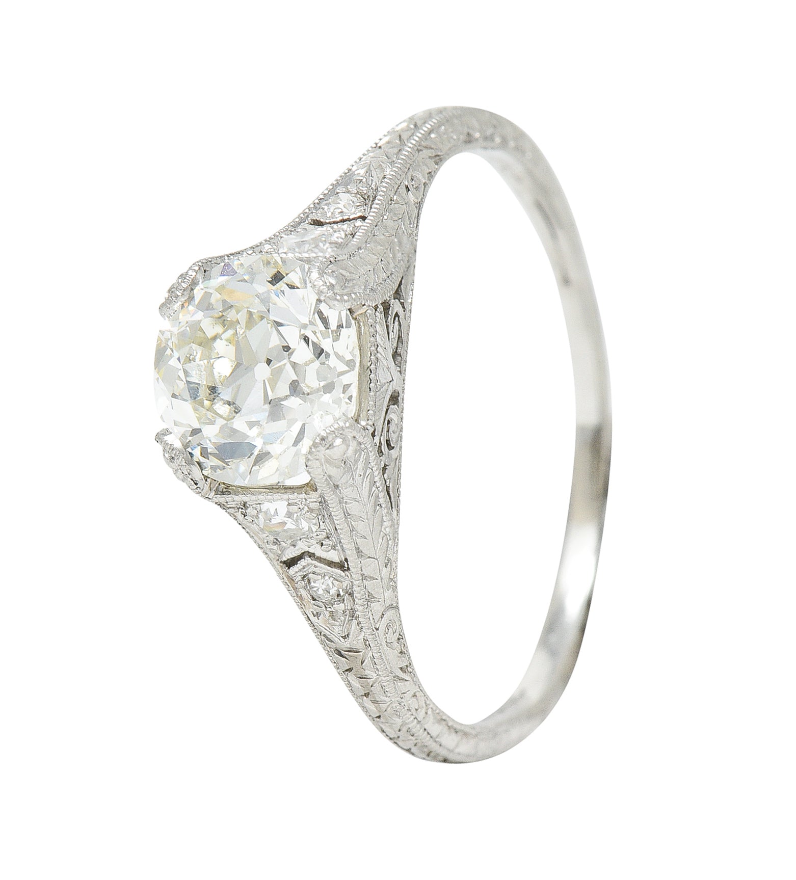 Late Edwardian Wheeler & Co. 1.48 CTW Diamond Platinum Engraved Engagement RingRing - Wilson's Estate Jewelry