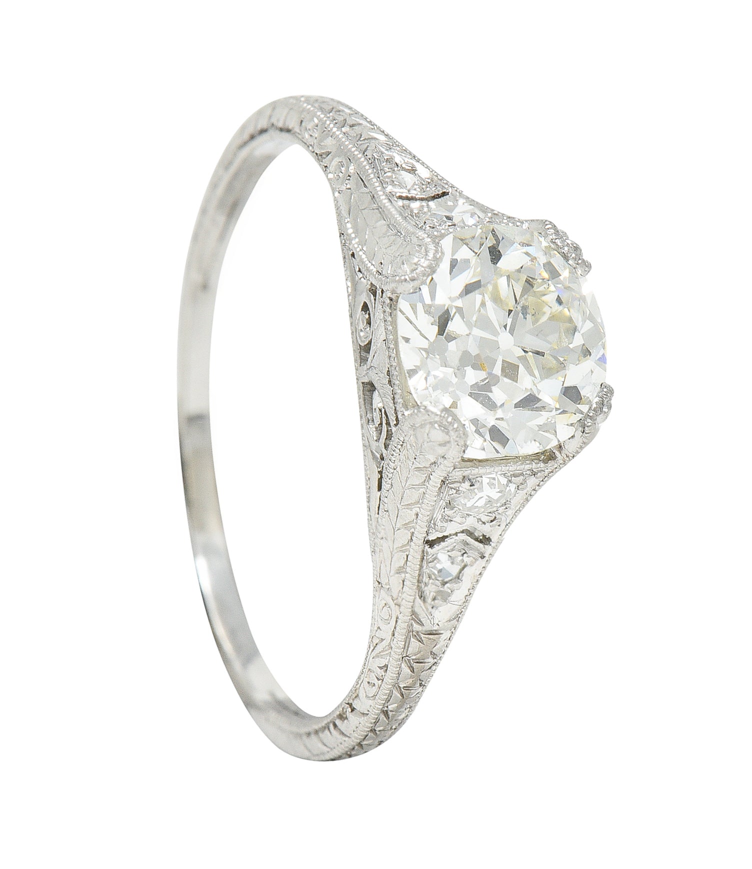 Late Edwardian Wheeler & Co. 1.48 CTW Diamond Platinum Engraved Engagement RingRing - Wilson's Estate Jewelry