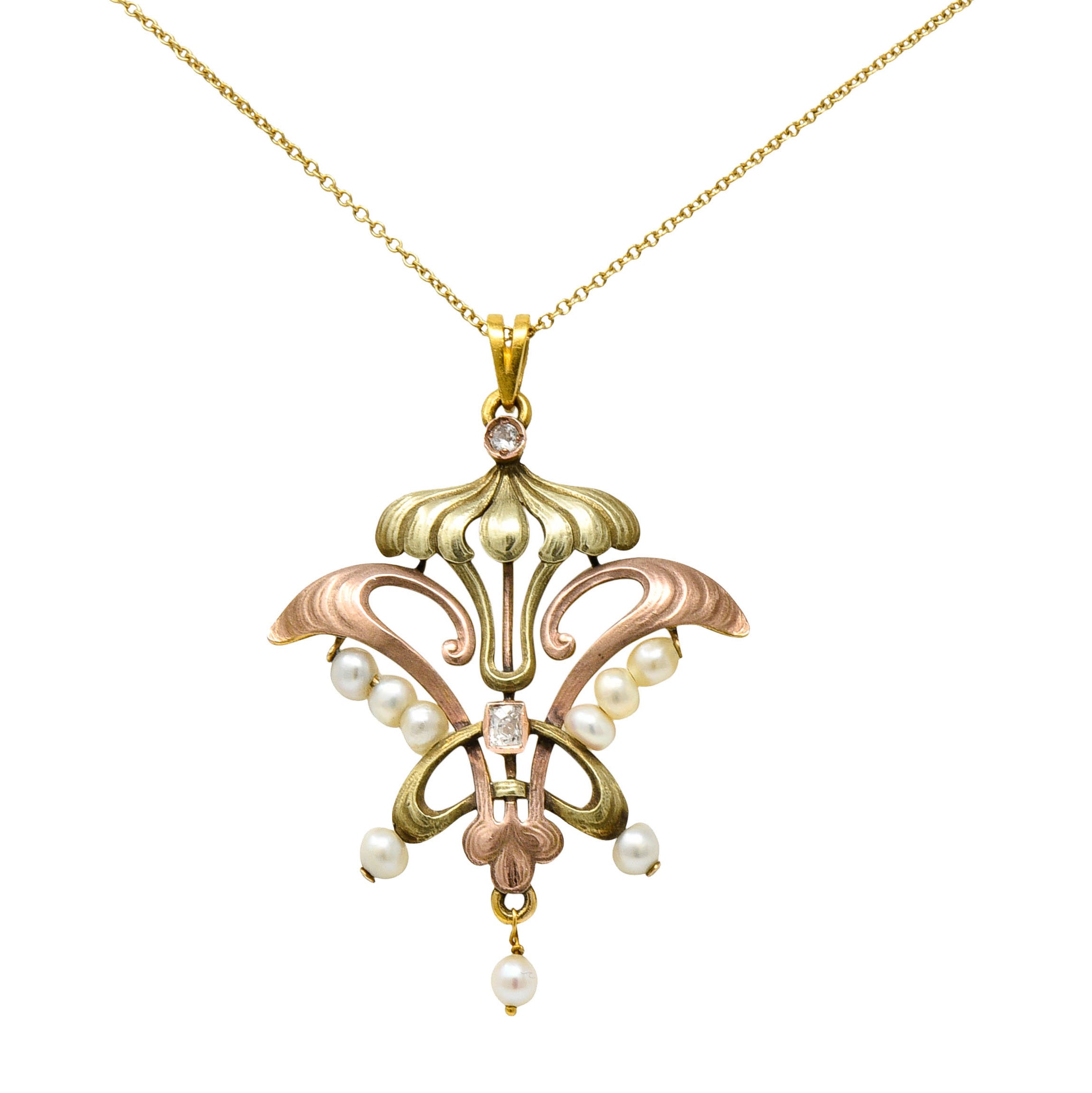 Art Nouveau Diamond Pearl 14 Karat Tri-Colored Gold Whiplash Pendant NecklaceNecklace - Wilson's Estate Jewelry