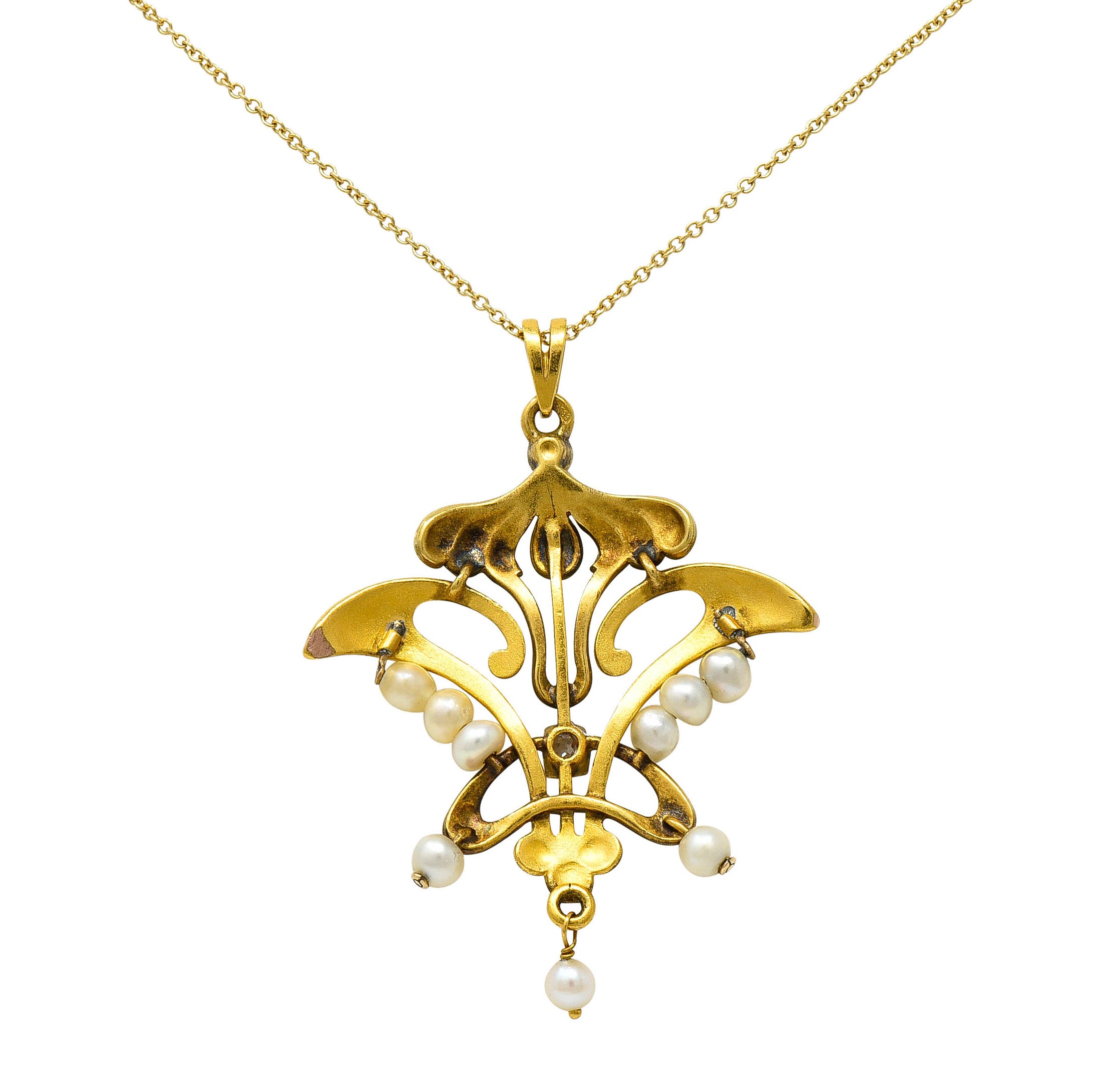 Art Nouveau Diamond Pearl 14 Karat Tri-Colored Gold Whiplash Pendant NecklaceNecklace - Wilson's Estate Jewelry