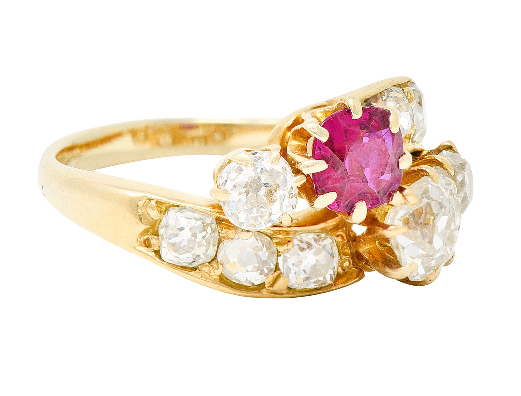 1900 Victorian 1.90 CTW Diamond Ruby 14 Karat Yellow Gold Bypass RingRing - Wilson's Estate Jewelry