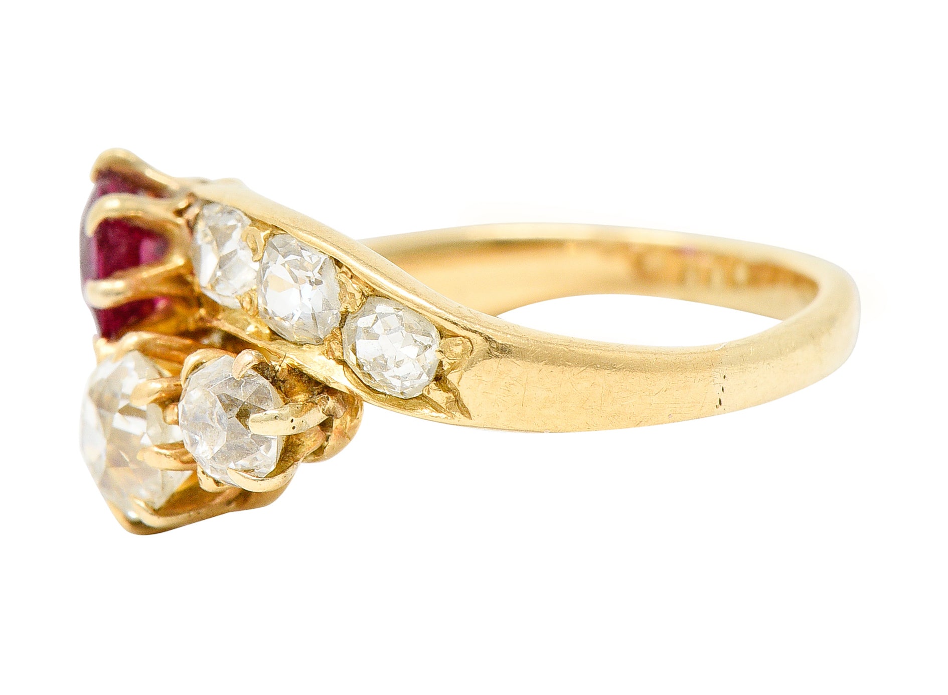 1900 Victorian 1.90 CTW Diamond Ruby 14 Karat Yellow Gold Bypass RingRing - Wilson's Estate Jewelry