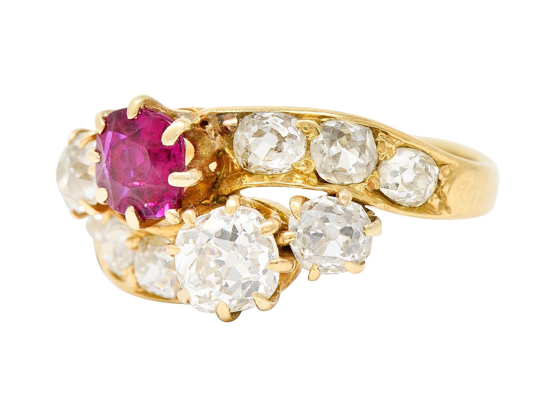 1900 Victorian 1.90 CTW Diamond Ruby 14 Karat Yellow Gold Bypass RingRing - Wilson's Estate Jewelry