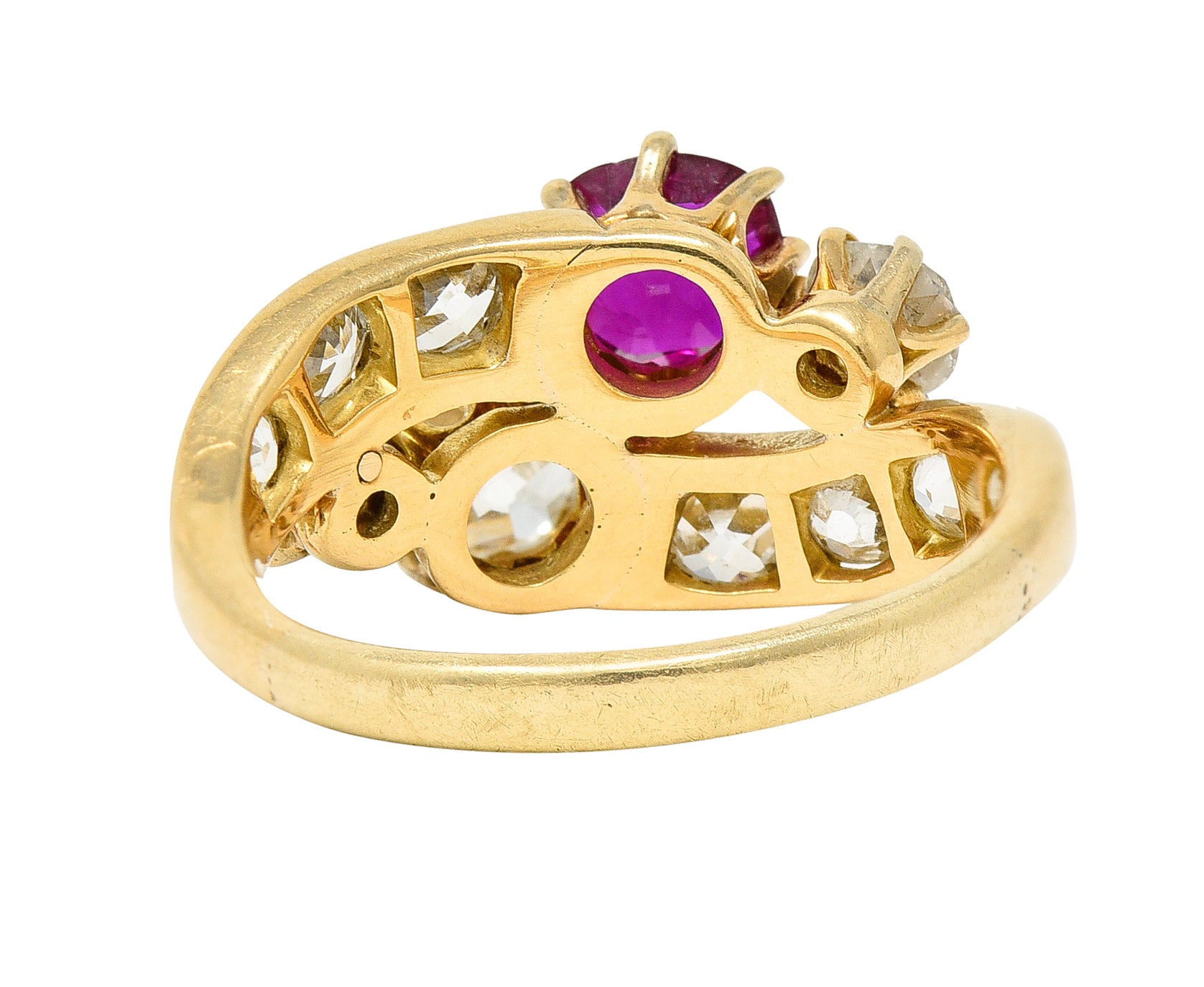 1900 Victorian 1.90 CTW Diamond Ruby 14 Karat Yellow Gold Bypass RingRing - Wilson's Estate Jewelry