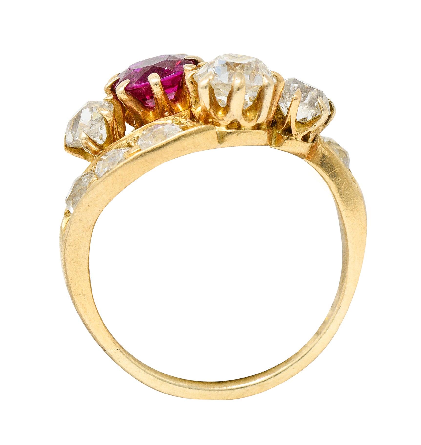 1900 Victorian 1.90 CTW Diamond Ruby 14 Karat Yellow Gold Bypass RingRing - Wilson's Estate Jewelry