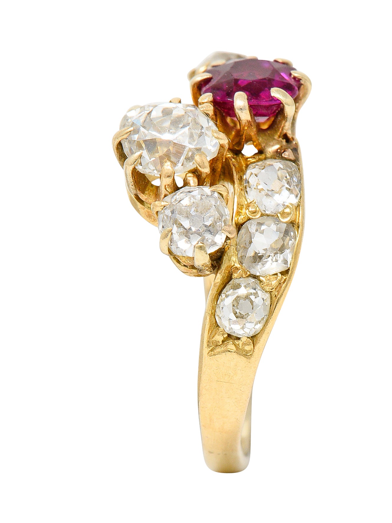 1900 Victorian 1.90 CTW Diamond Ruby 14 Karat Yellow Gold Bypass RingRing - Wilson's Estate Jewelry