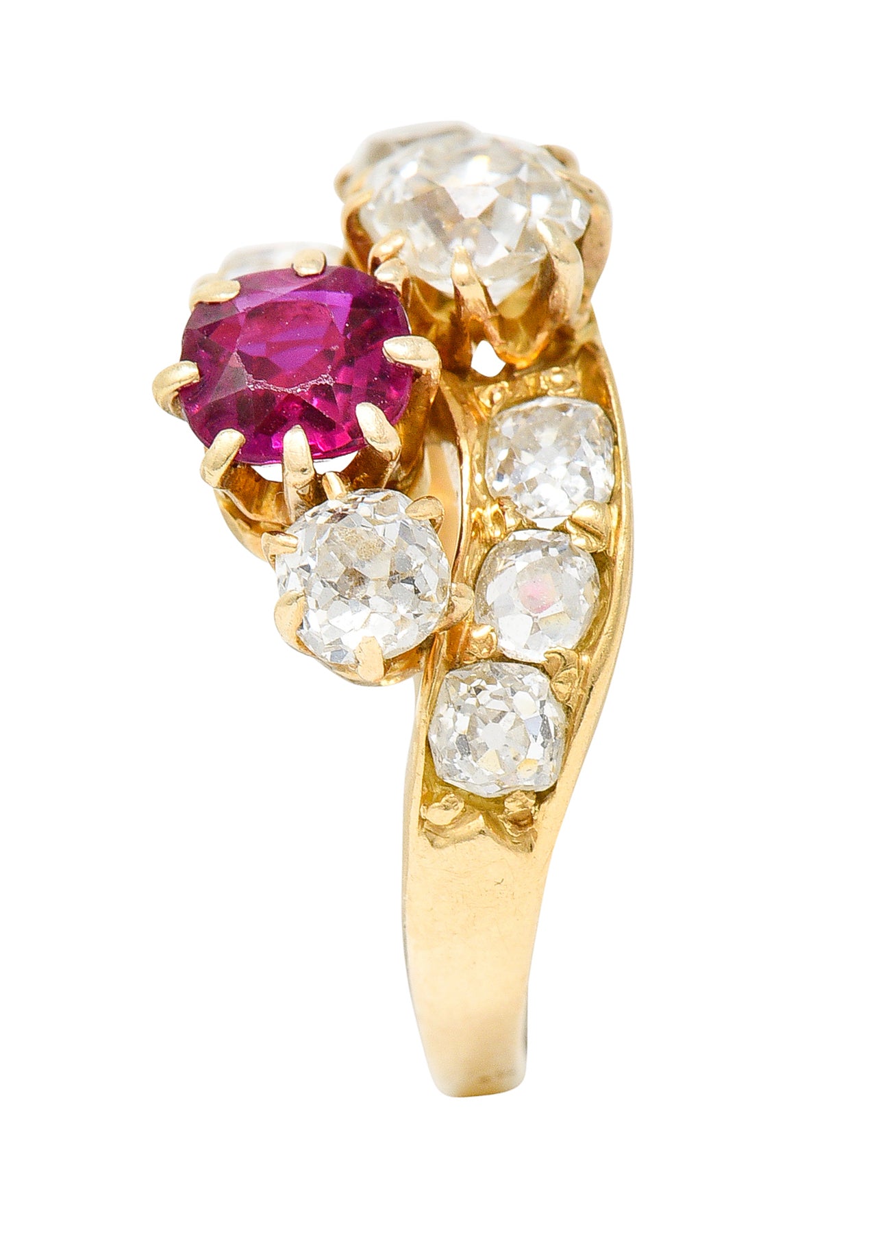 1900 Victorian 1.90 CTW Diamond Ruby 14 Karat Yellow Gold Bypass RingRing - Wilson's Estate Jewelry