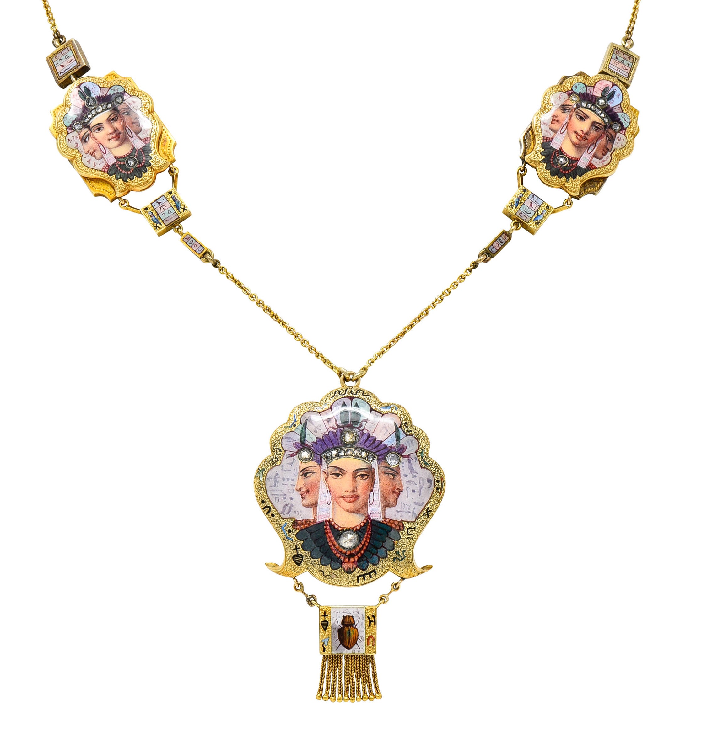 1870's Egyptian Revival Enamel Rose Cut Diamond 18 Karat Gold Goddess Victorian Swag NecklaceNecklace - Wilson's Estate Jewelry